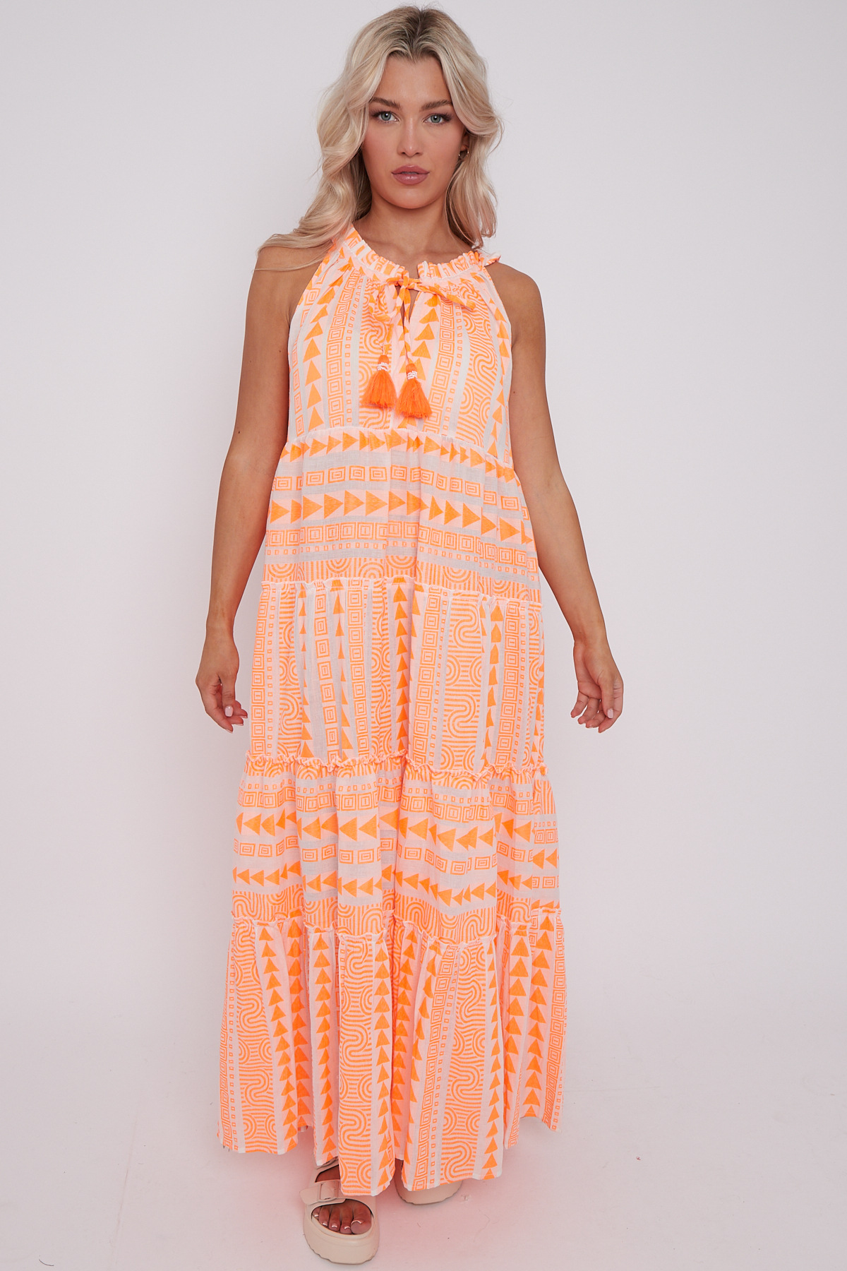 Großhändler Sumel - Langes, bohèmisches, urbanes Kleid mit Pfeil-Print, Neon-Kragen, Kordel und ärmellos ref 25046