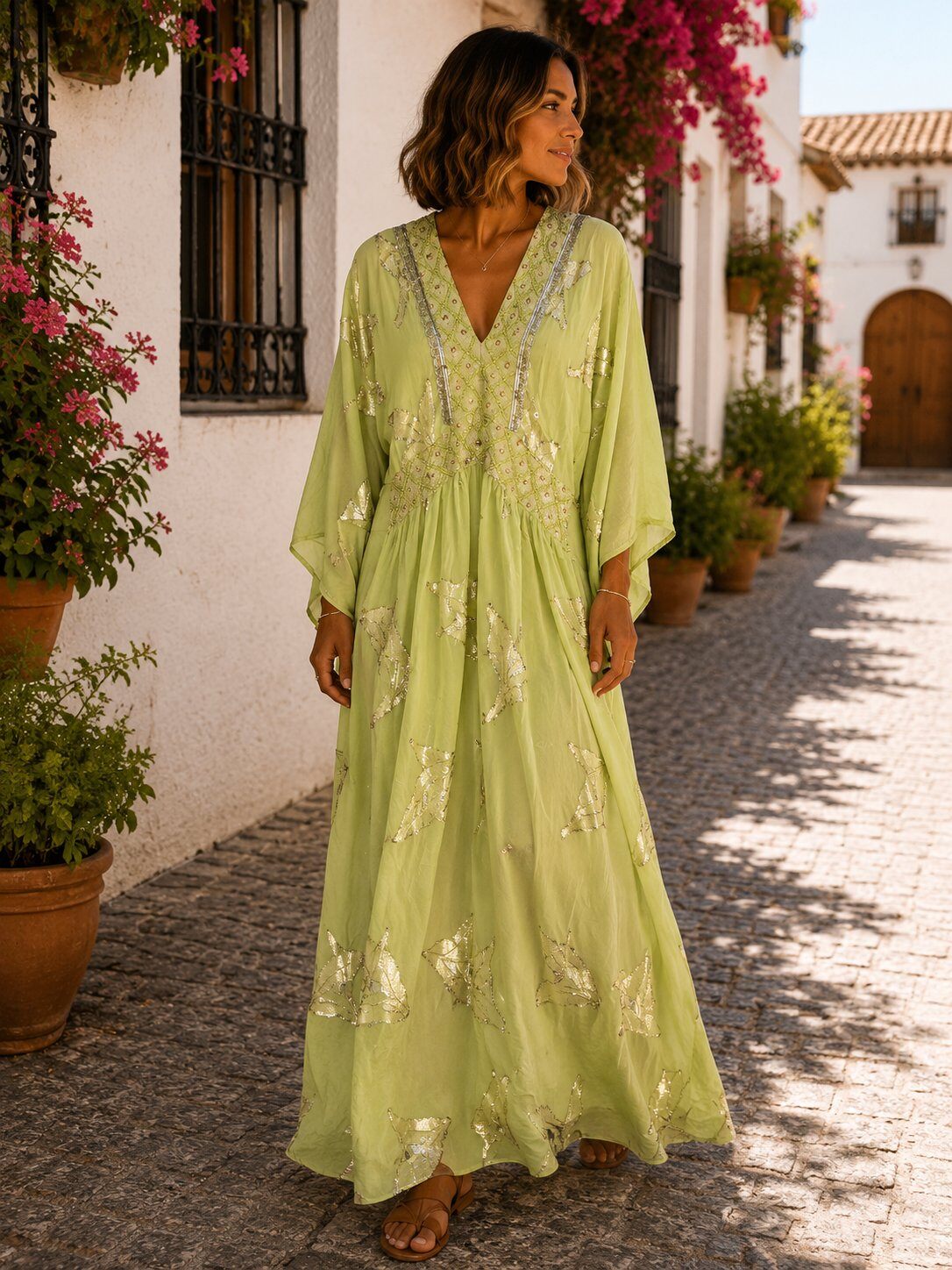 Wholesaler Sumel - Women's Bohemian Maxi Dress – Embroidered V-Neck, Batwing Sleeves, Elegant Sequins-01-77