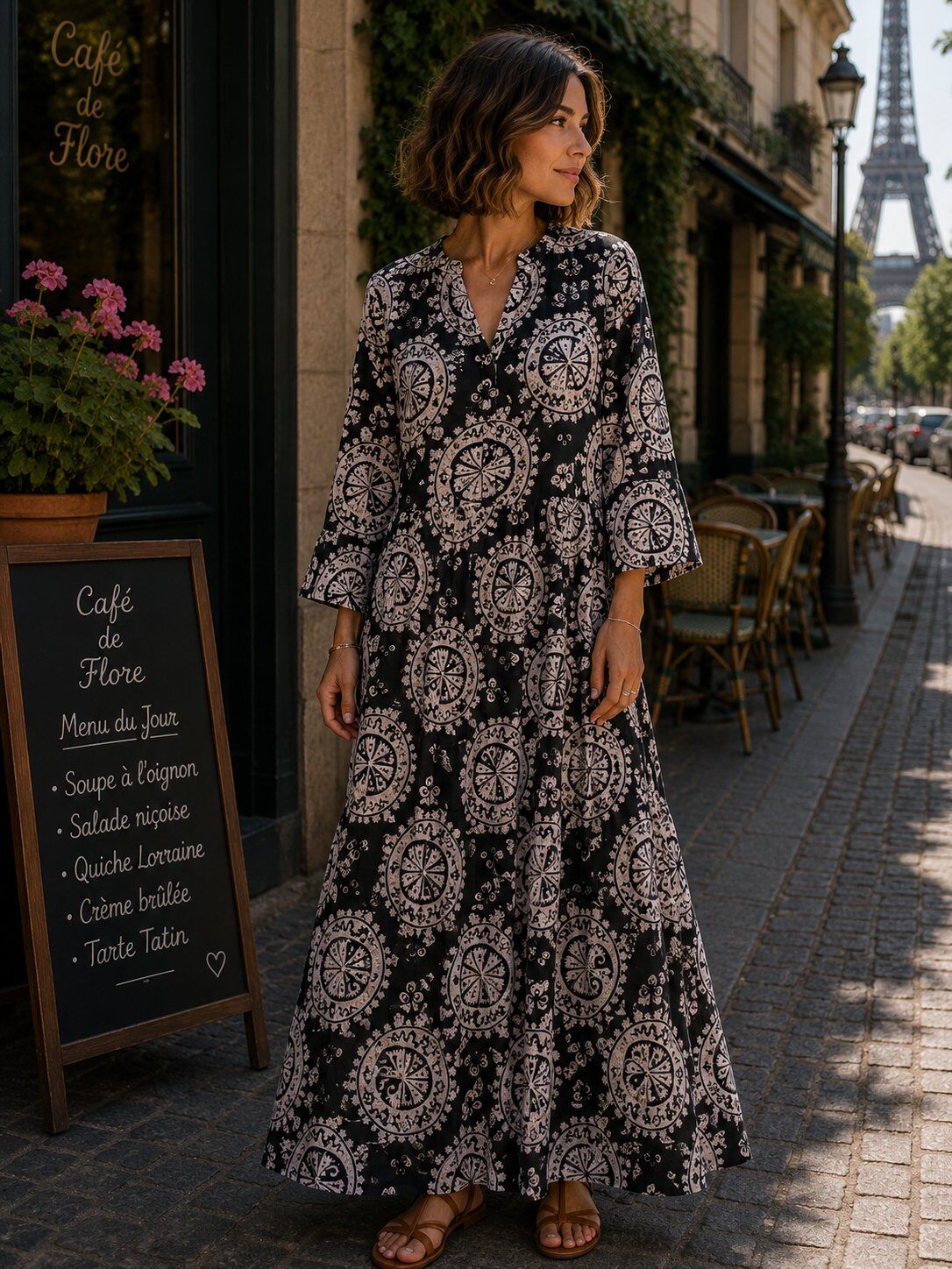 Wholesaler Sumel - Women's Bohemian Maxi Dress – Mandala Print, V-Neck and Flared Sleeves-1292