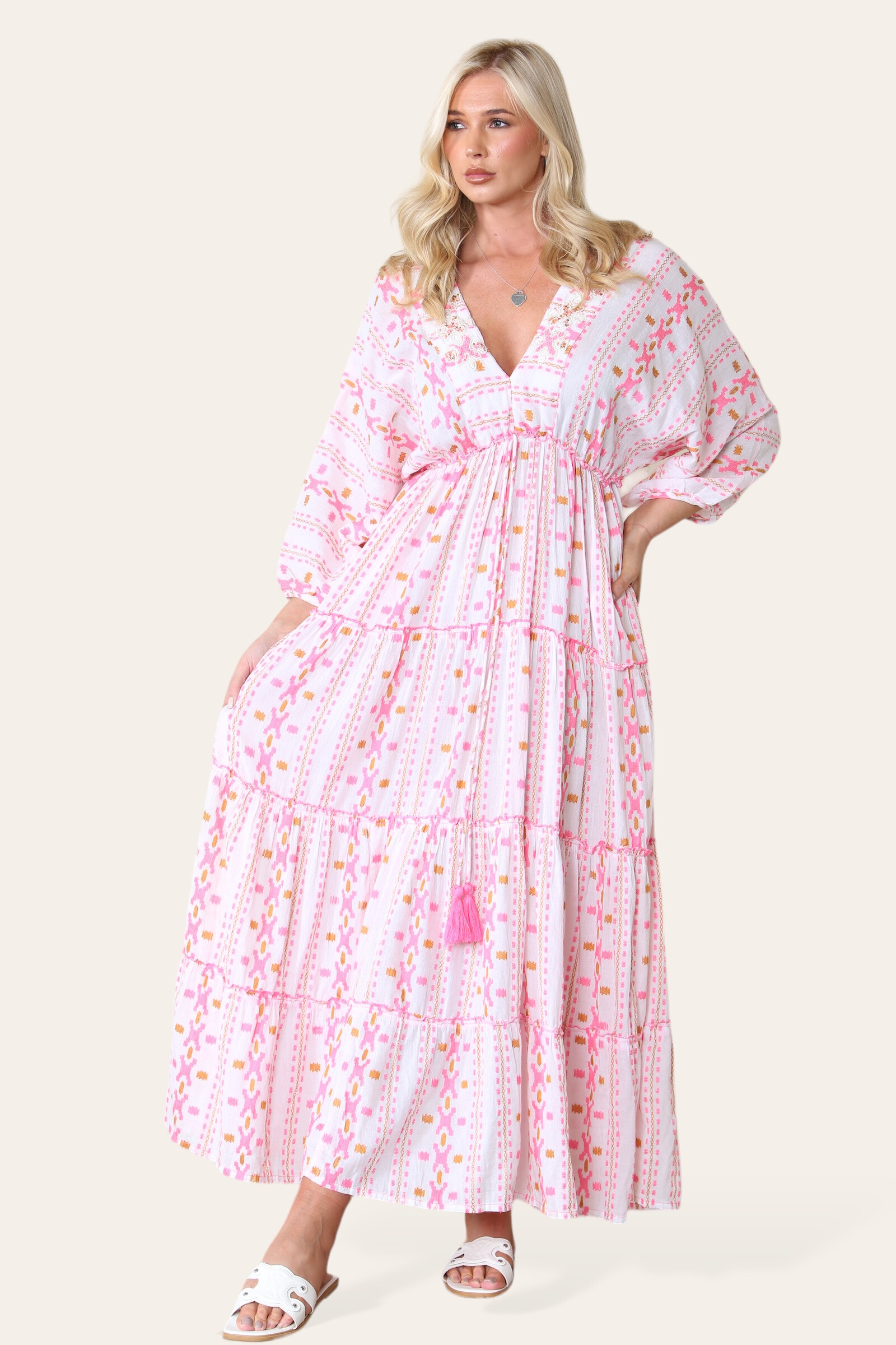 Großhändler Sumel - Einfaches langes Kleid, V-Ausschnitt, reflektierender Blumendruck, Ref-25005-Ärmel