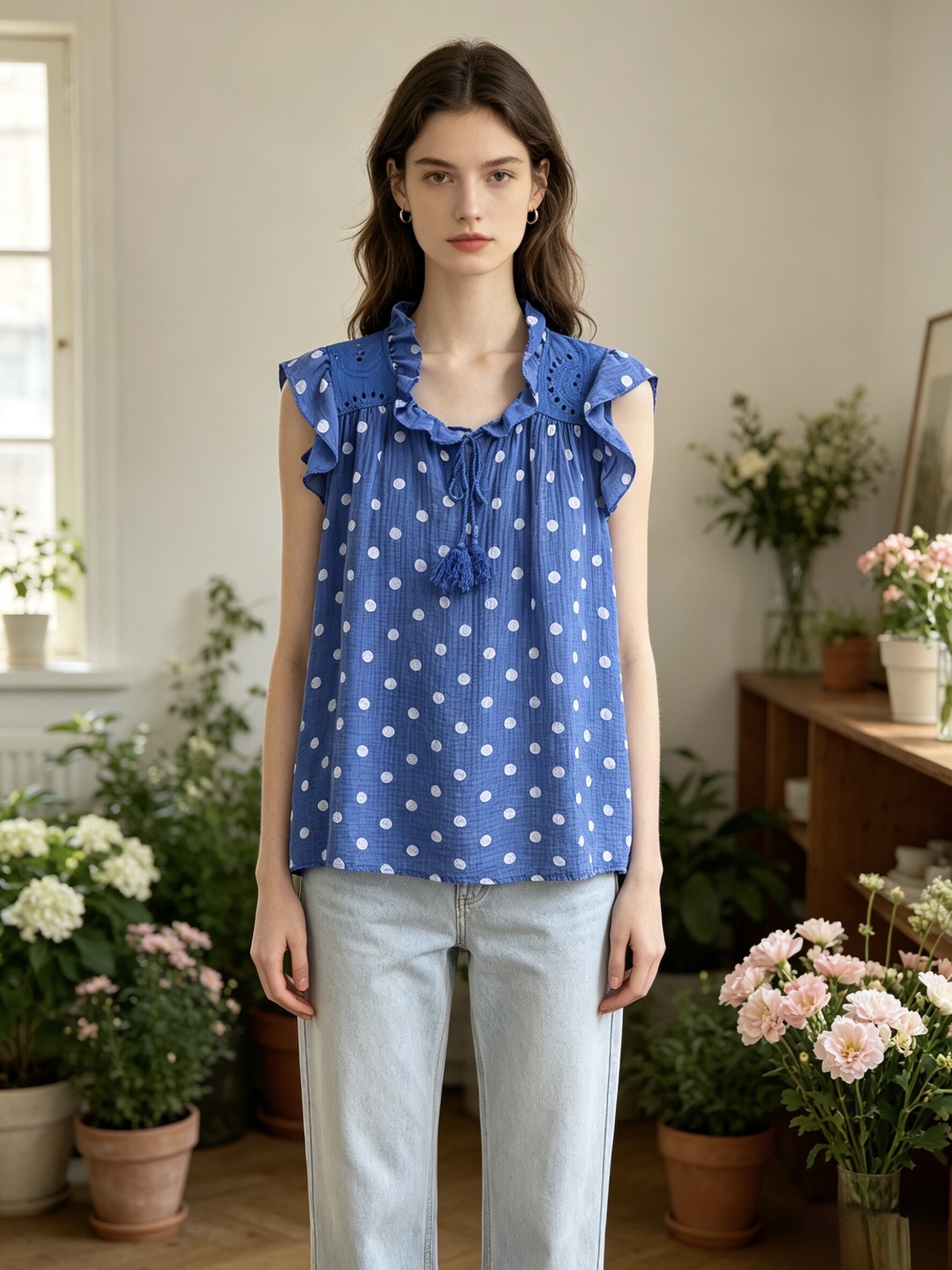 Mayorista Sun Love - Blusa Sin Mangas de Lunares, Cuello Redondo con Volantes, Lazo y Borlas