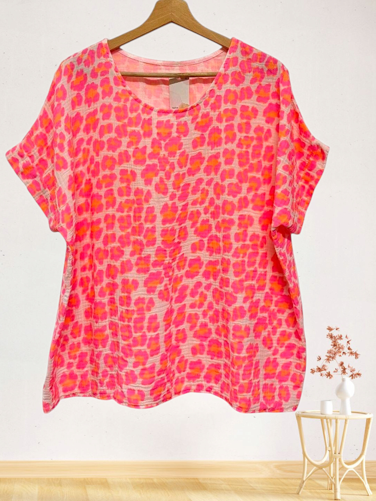 Großhändler Sun Love - Bluse mit Leopardenmuster in fluoreszierendem Baumwollgaze