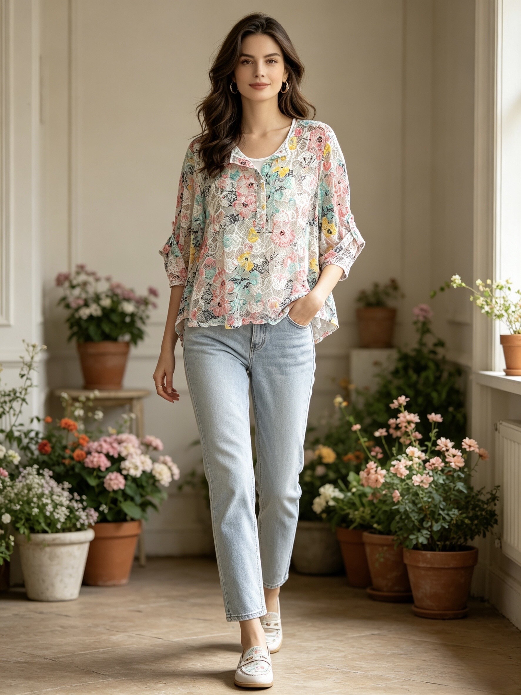 Grossista Sun Love - Blusa in Pizzo Stampato con Camisola Integrata