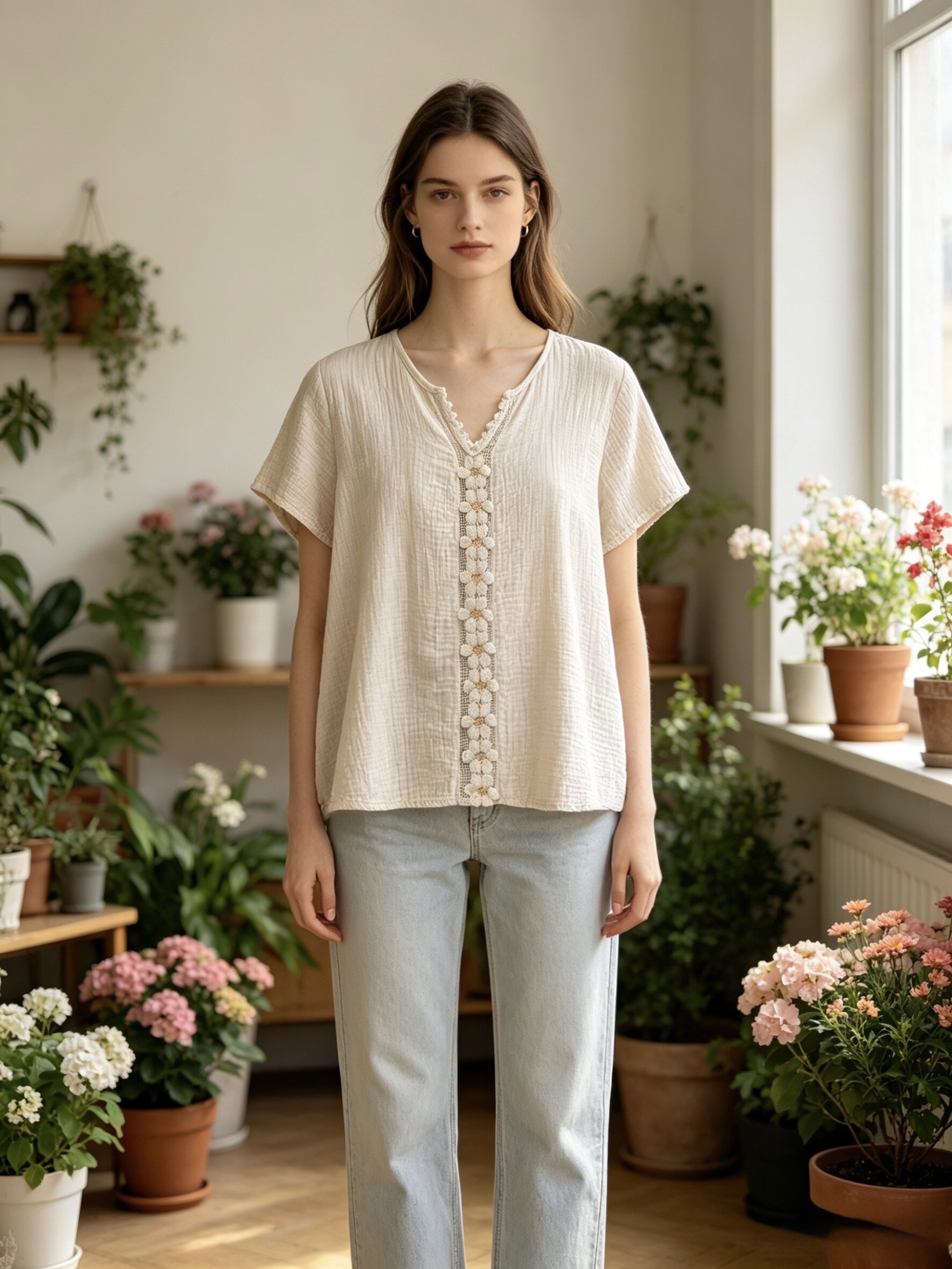 Großhändler Sun Love - Bluse aus Baumwollgaze, V-Ausschnitt mit gehäkeltem Rand, Goldene Blumenstickerei auf der Vorderseite