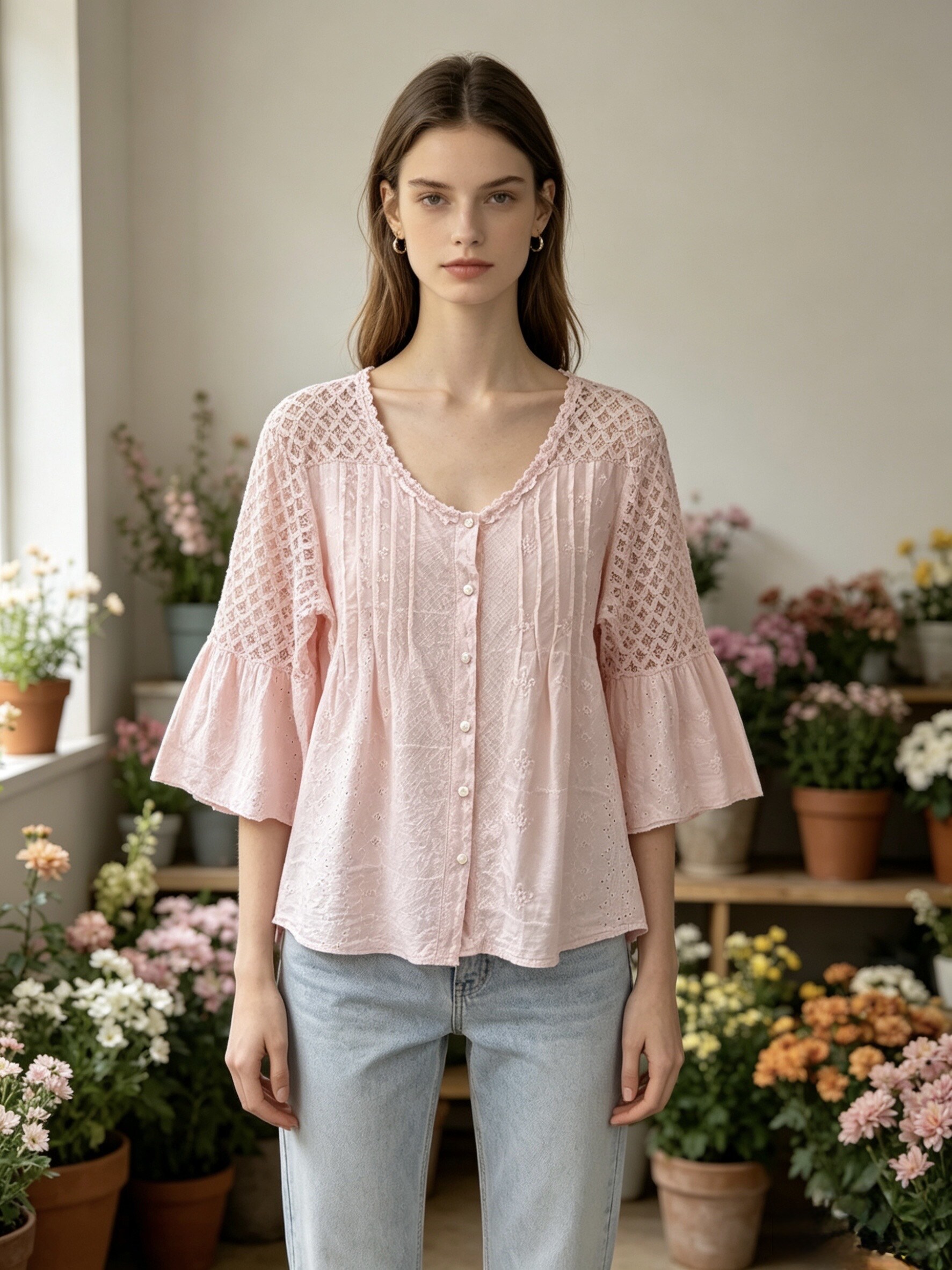 Mayorista Sun Love - Blusa de Encaje con Cuello en V y Botones