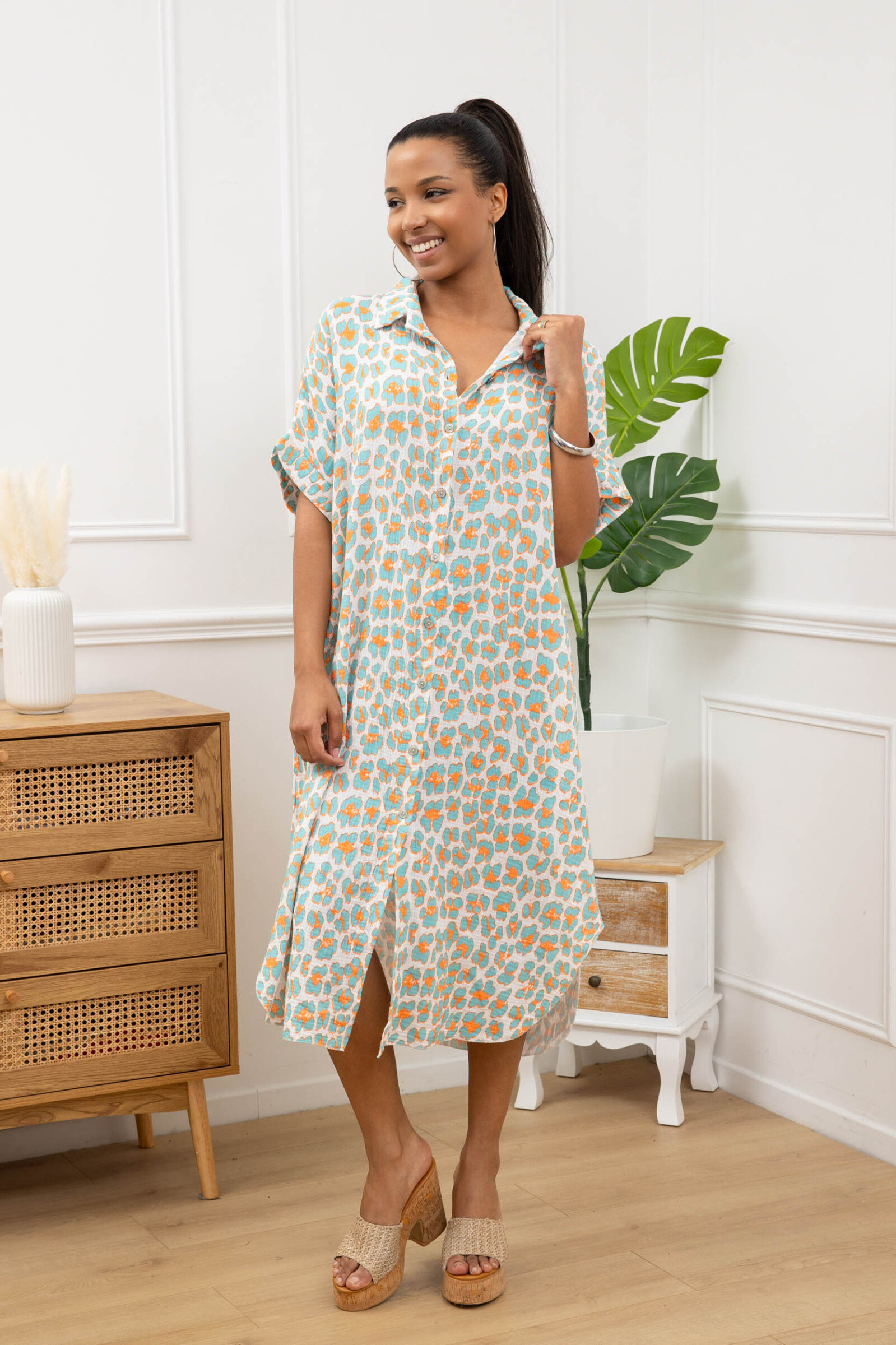 Mayorista Sun Love - Camisa larga con estampado de leopardo en gasa de algodón
