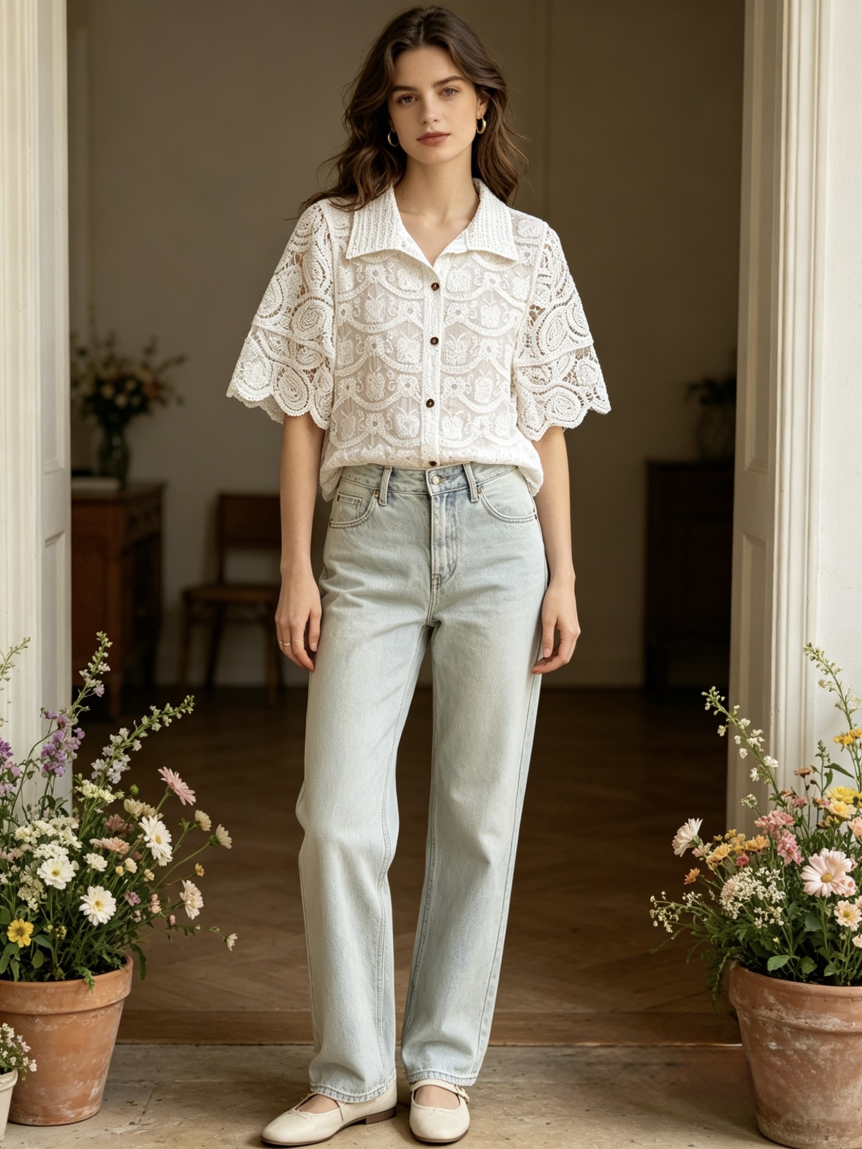 Großhändler Sun Love - Gehäkeltes Baumwollhemd mit Lochmuster und gestickten Blumenmotiven