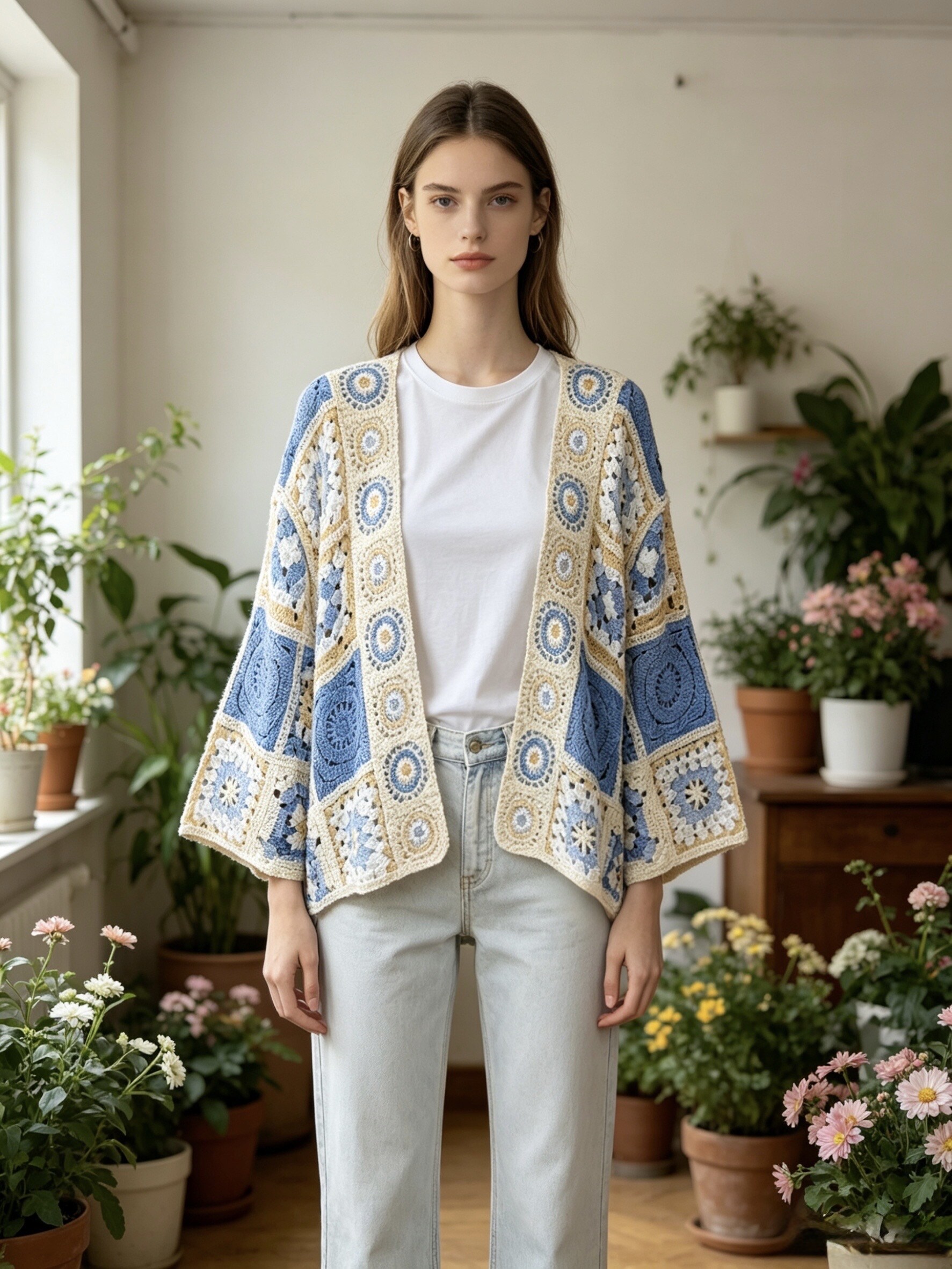 Großhändler Sun Love - Offener Häkel-Patchwork-Cardigan, Blumenmuster