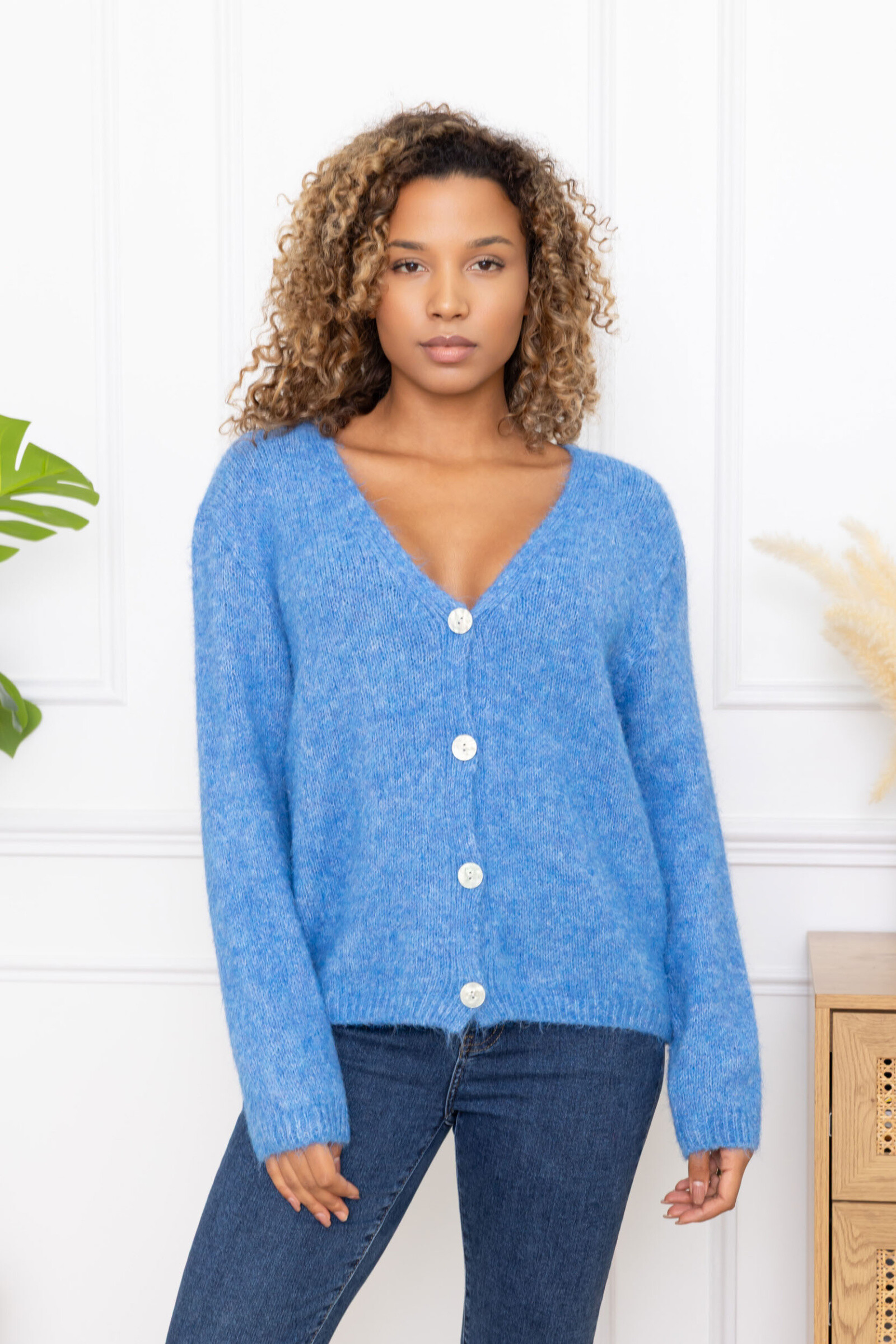 Gilet boutonné élégant en laine et alpaga, idéal pour l'automne, mélange de confort et de style moderne.