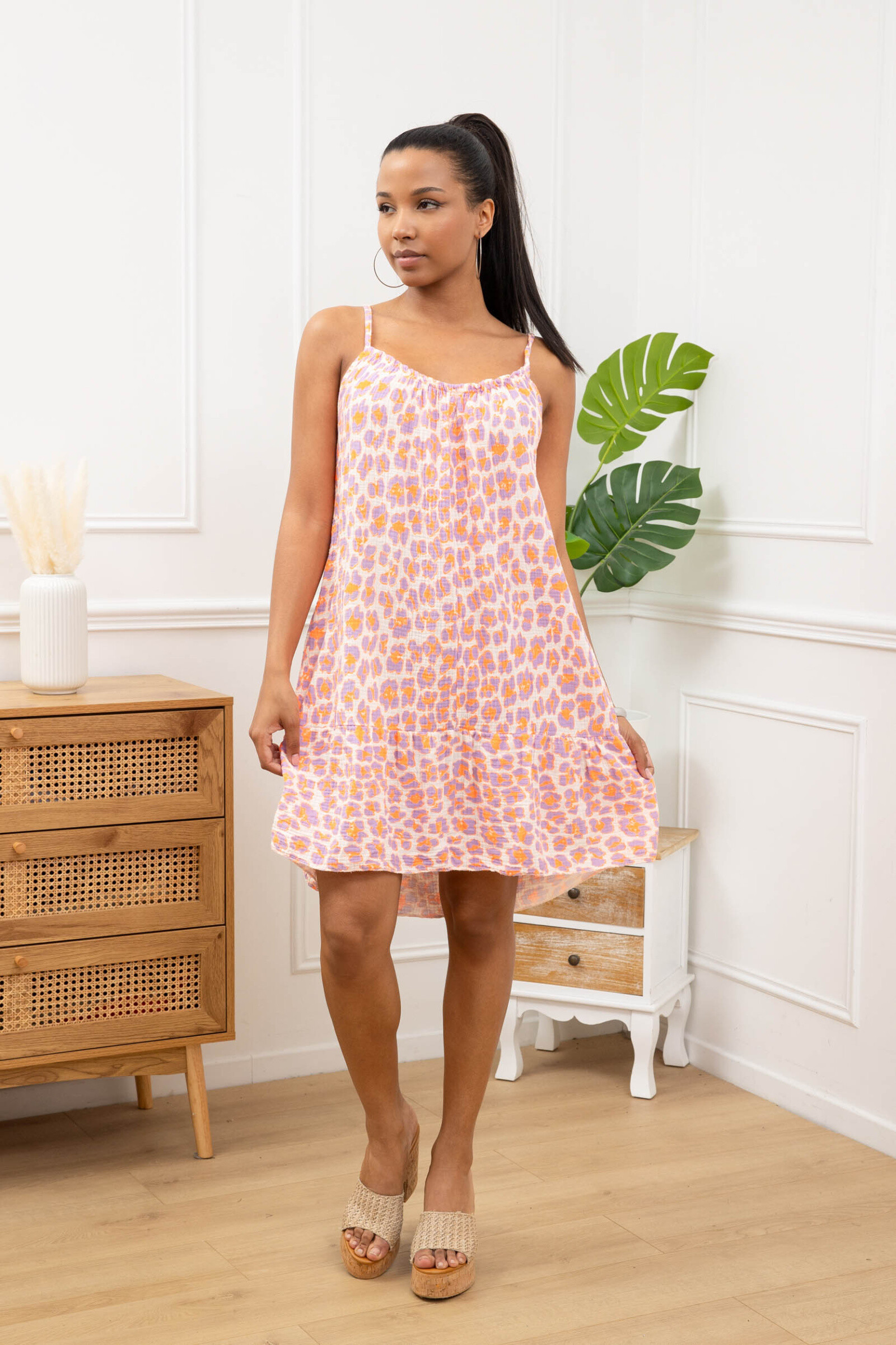Großhändler Sun Love - "Fluo Léopard" -Gemettkleid in Baumwollgaze
