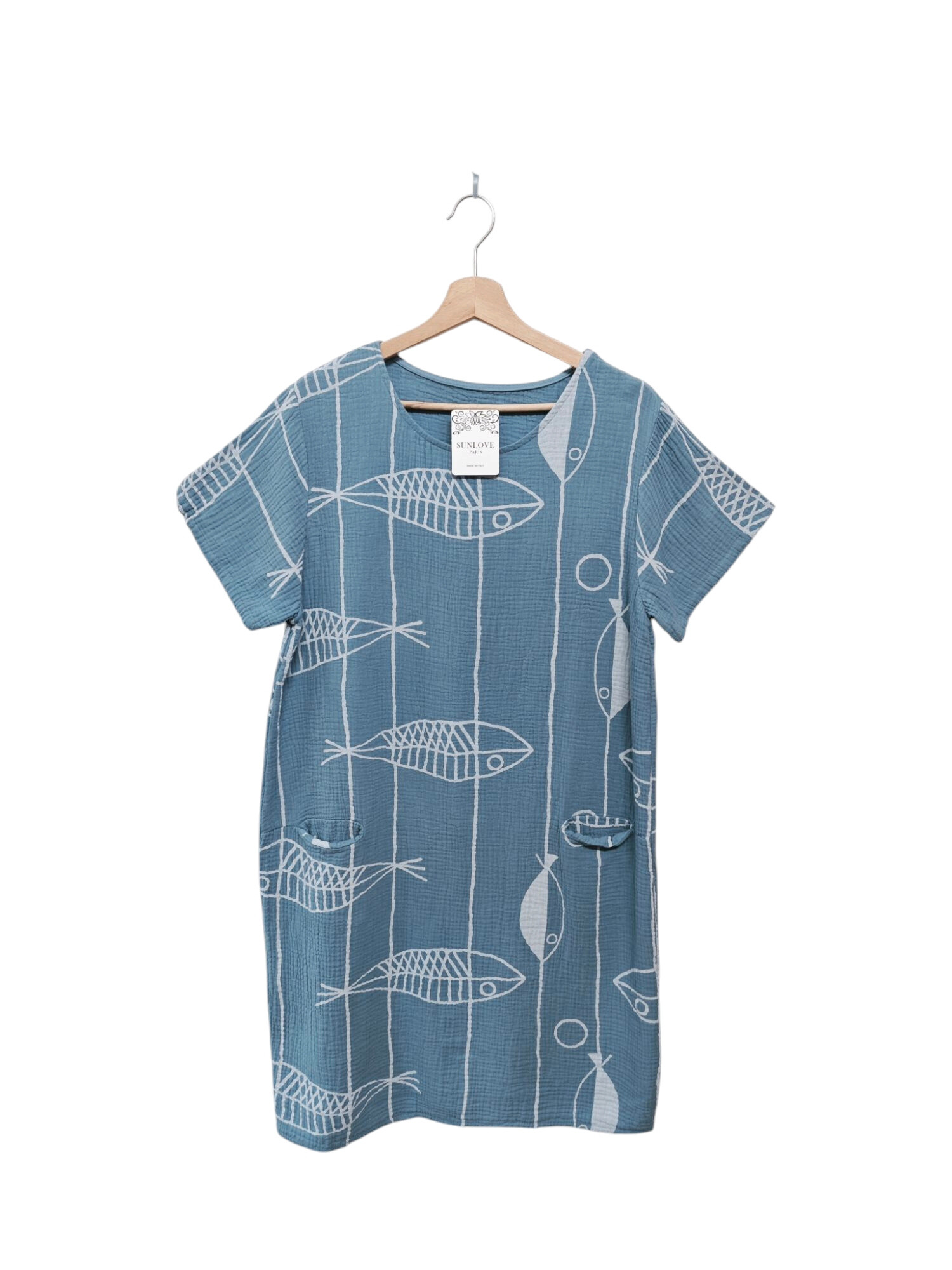Italian cotton fish print dress for women, perfect for spring/summer 2025.