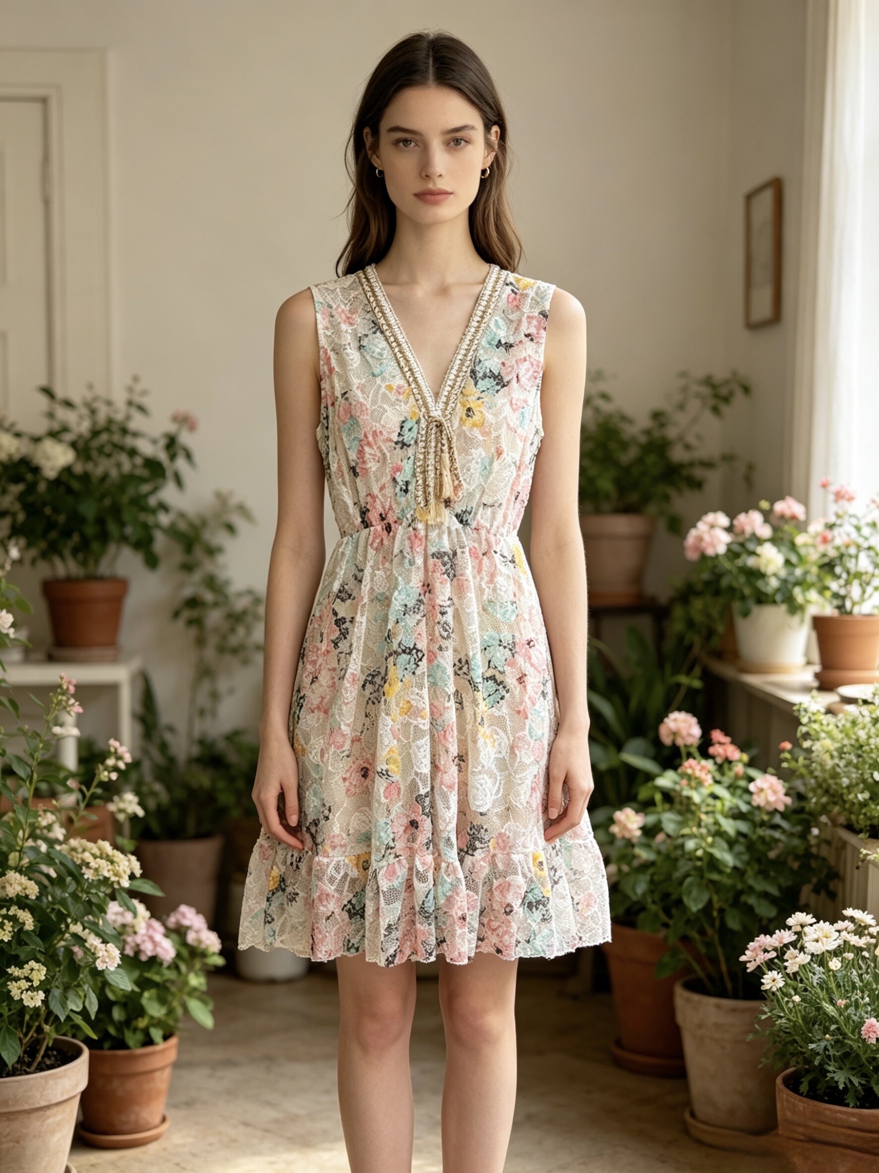 Grossista Sun Love - Abito Senza Maniche in Pizzo Bianco Stampato, Scollo a V con Nappe