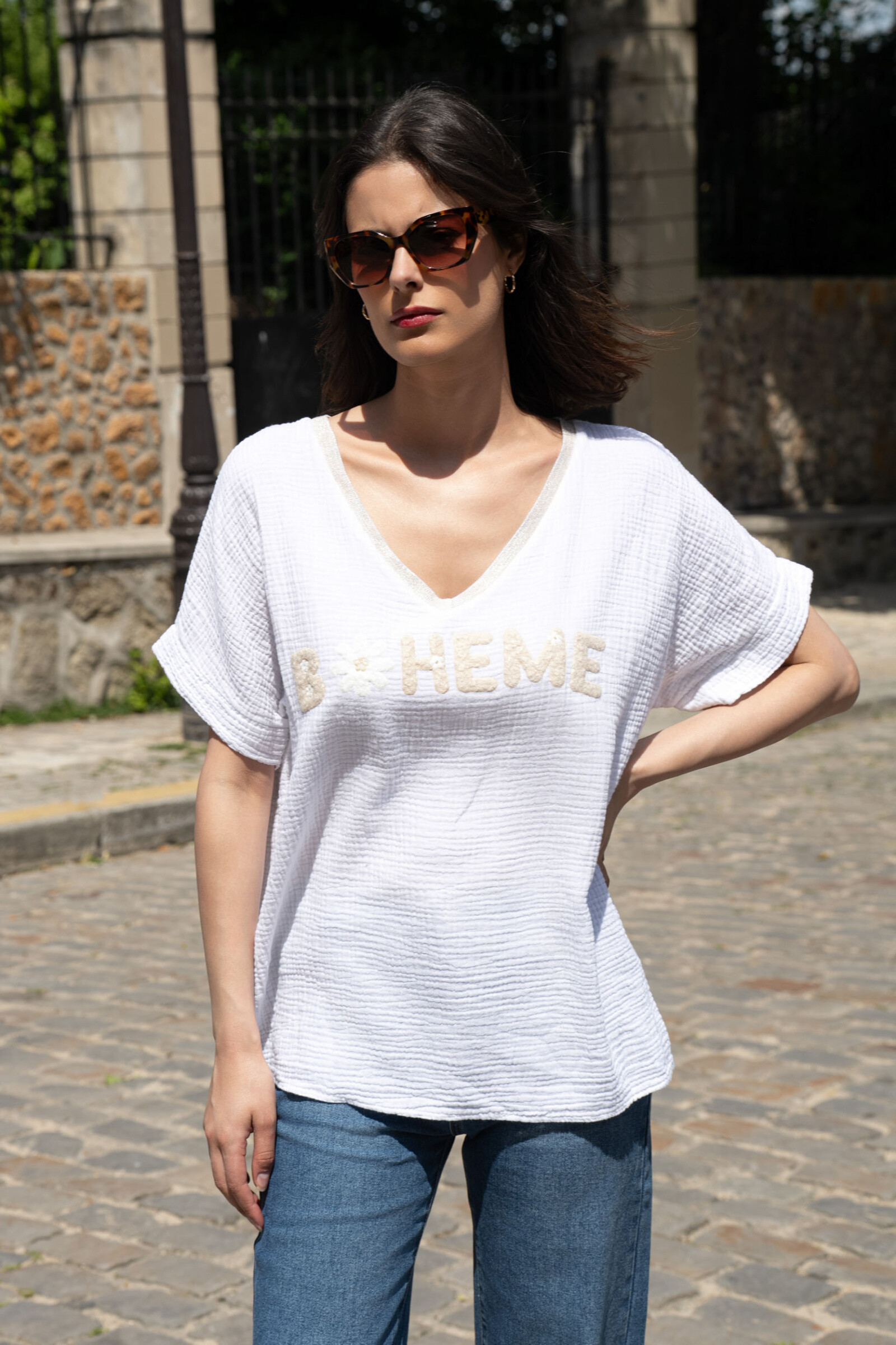 Wholesaler Sun Love - "Boheme" print blouse with brilliant v -neck in cotton gauze