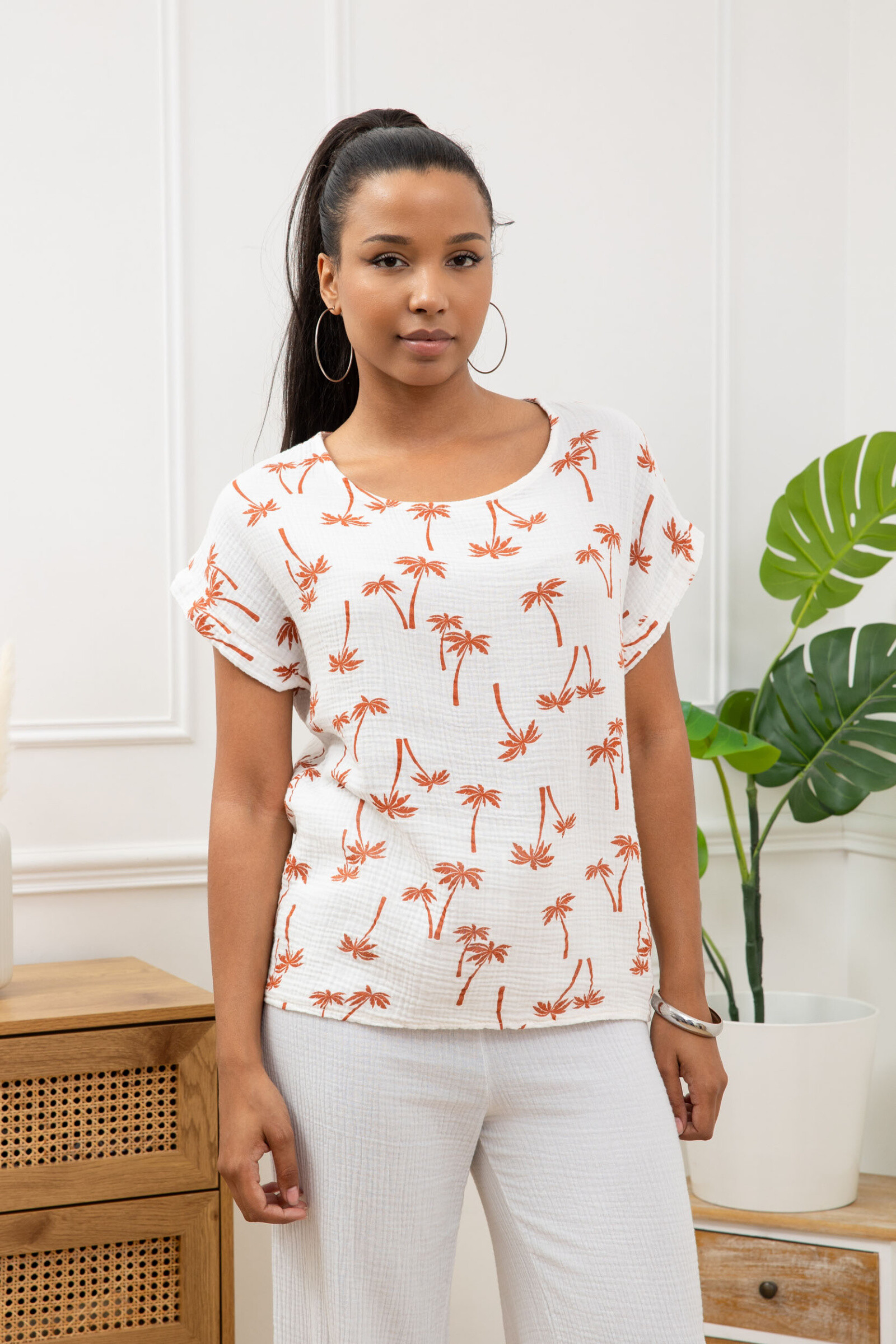 Wholesaler Sun Love - Palm print top in cotton gauze