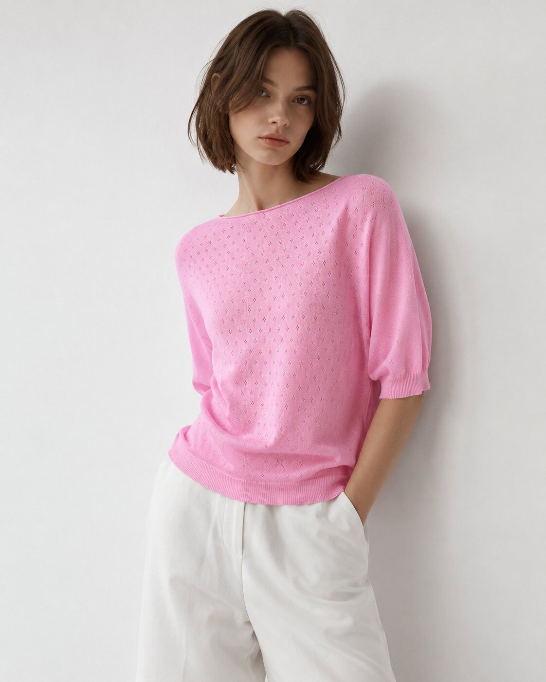 Grossiste SUNNY SELECT - Top en maille légère en soie glacée – Pull d'été à manches courtes respirant pour femmes