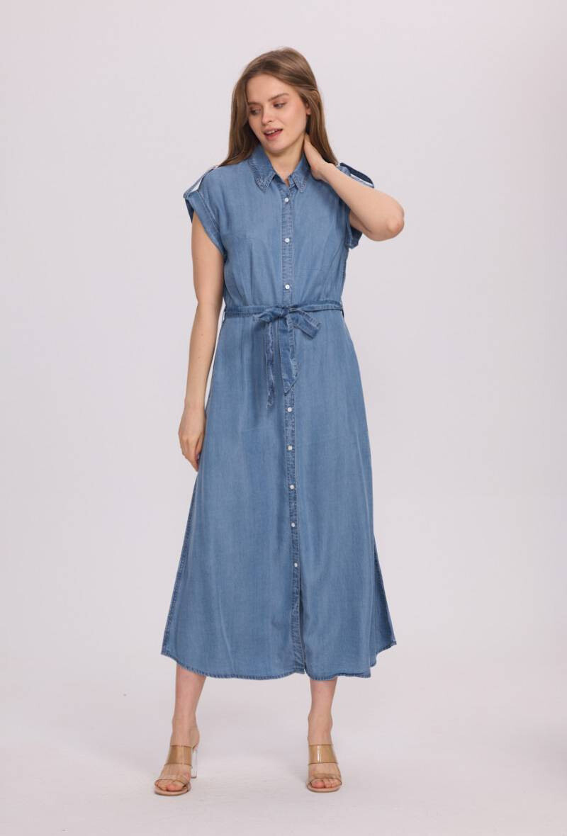 Wholesaler Sunny Studio - Short-sleeved denim midi dress