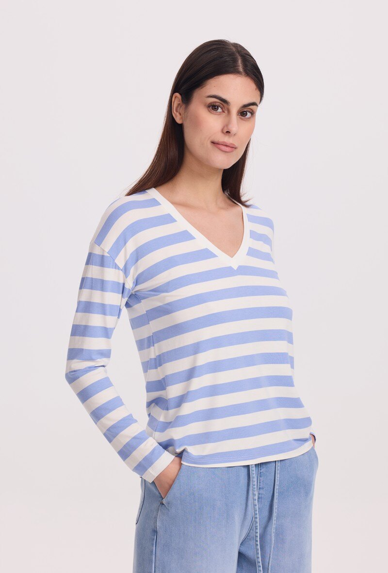 Großhändler Sunny Studio - Gestreiftes V-Ausschnitt T-Shirt