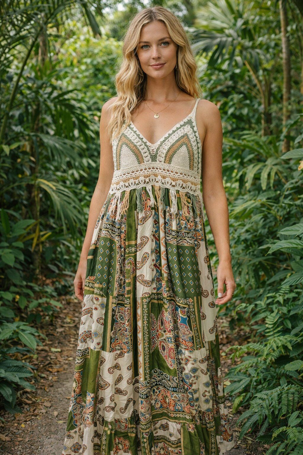 Wholesaler SunnyKnit - Bohemian Patchwork Maxi Dress with Lace Bodice – Tropical Summer Style