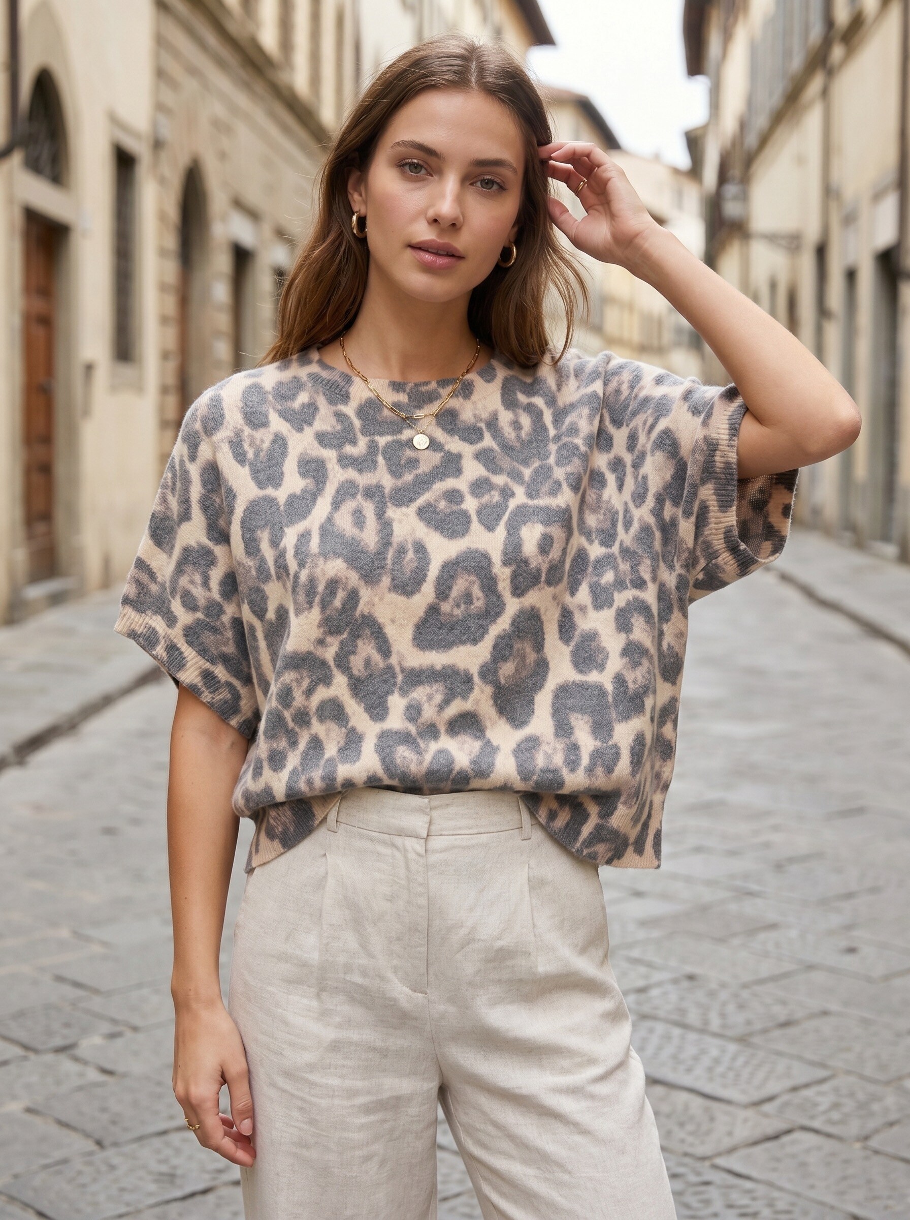 Mayorista SunnyKnit - Suéter de punto leopardo de ajuste holgado para mujer – Mangas murciélago y cuello redondo