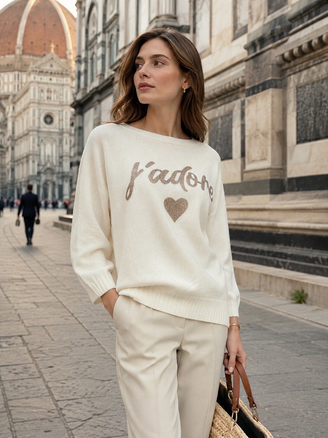 Grossiste Sunny Knit - Pull en laine oversize avec cœur et slogan pailleté | Chic décontracté avec col rond et manches 3/4