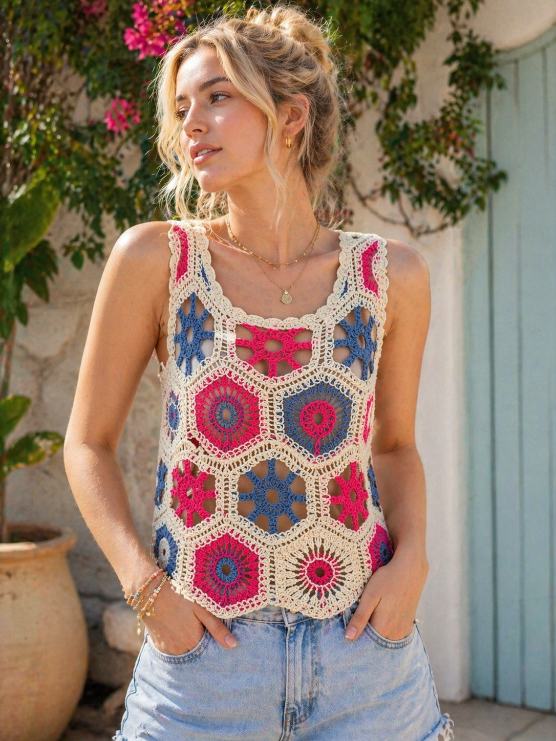Wholesaler SunnyKnit - Boho Crochet Tank Top – Colorblock Granny Square Summer Vest