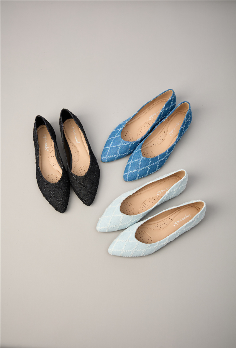 Wholesaler Super Mode | Belle Women - Pointed toe denim ballet flats with checkered pattern