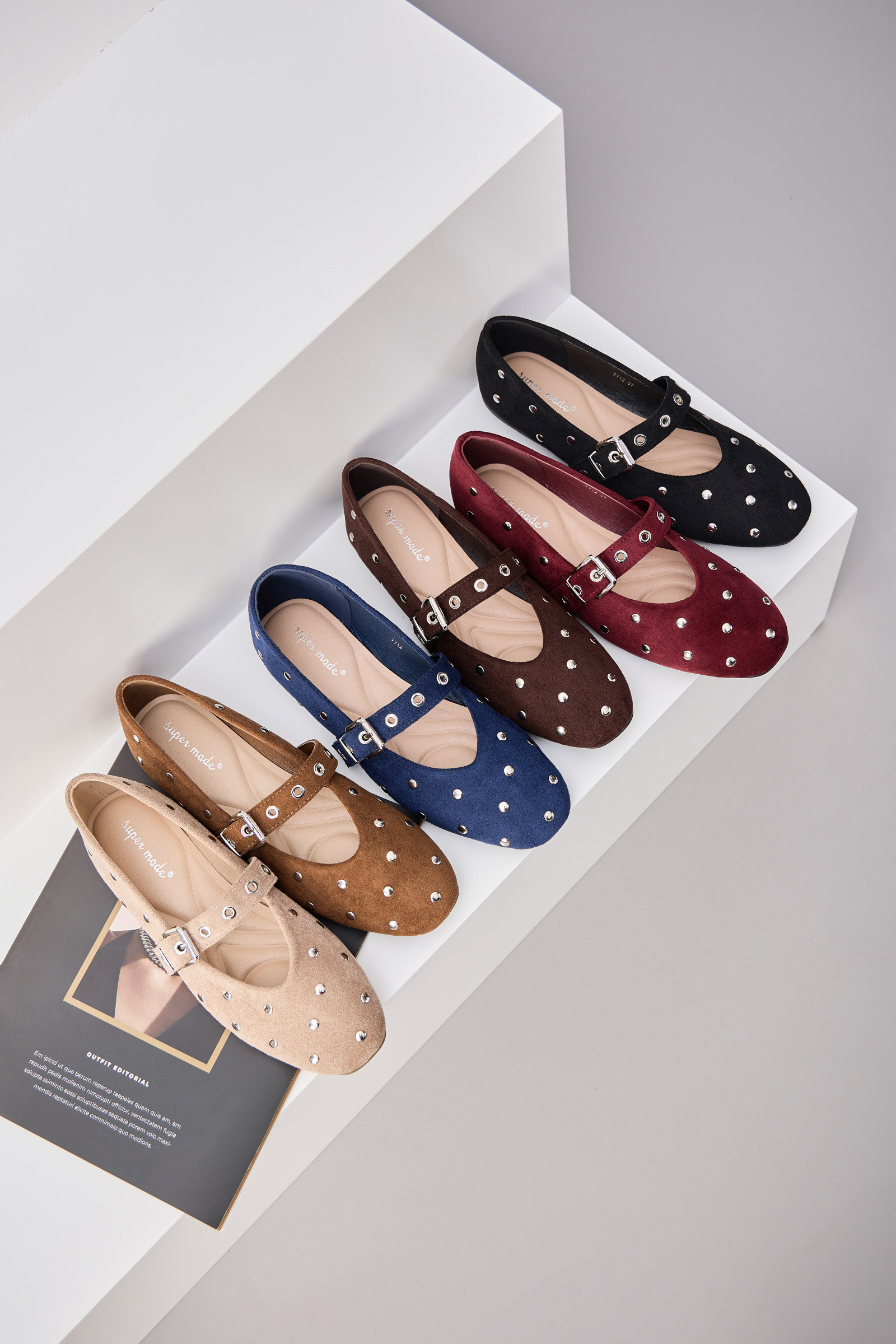 Wholesaler Super Mode | Belle Women - Studded suede ballet flats with buckle strap