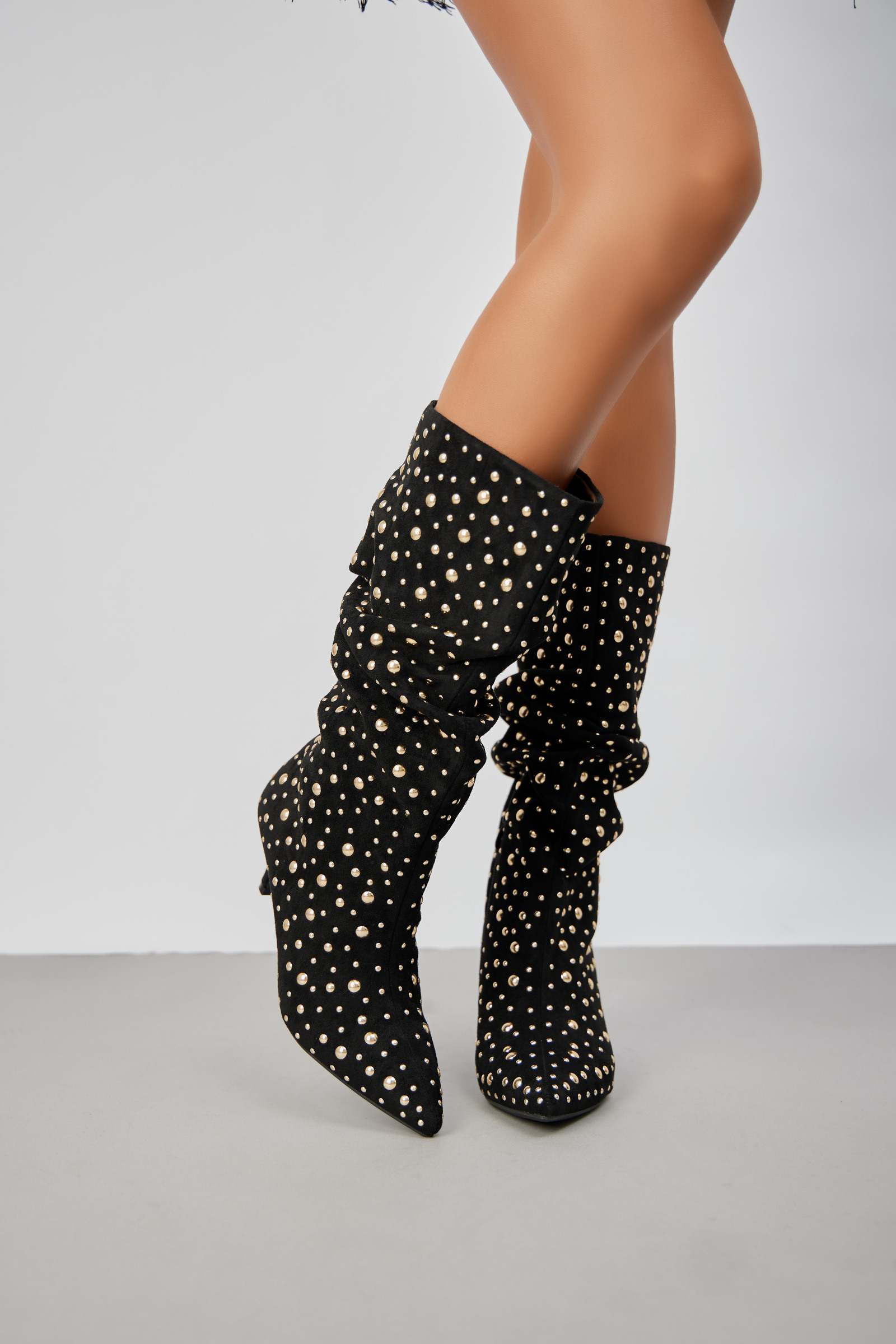 Grossiste Super Mode | Belle Women - Bottes mi-mollet à talon aiguille clouté en suédine