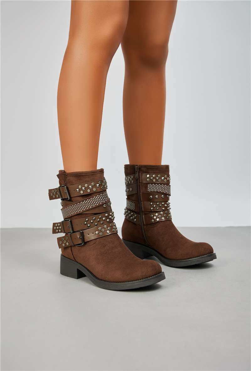 Grossiste Super Mode | Belle Women - Bottines avec multiples boucles cloutées en daim / suédine