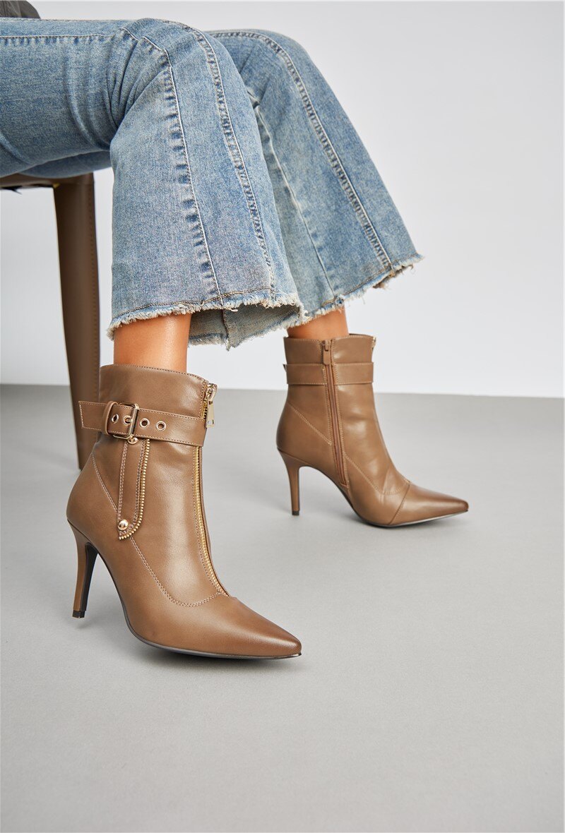 Mayorista Super Mode | Belle Women - Botines de tacón de aguja en cuero sintético con cremallera frontal y hebilla decorativa