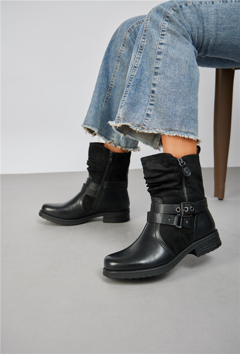 Wholesaler Super Mode | Belle Women - Two-tone ankle boots (suede and faux leather) with buckles and zipper