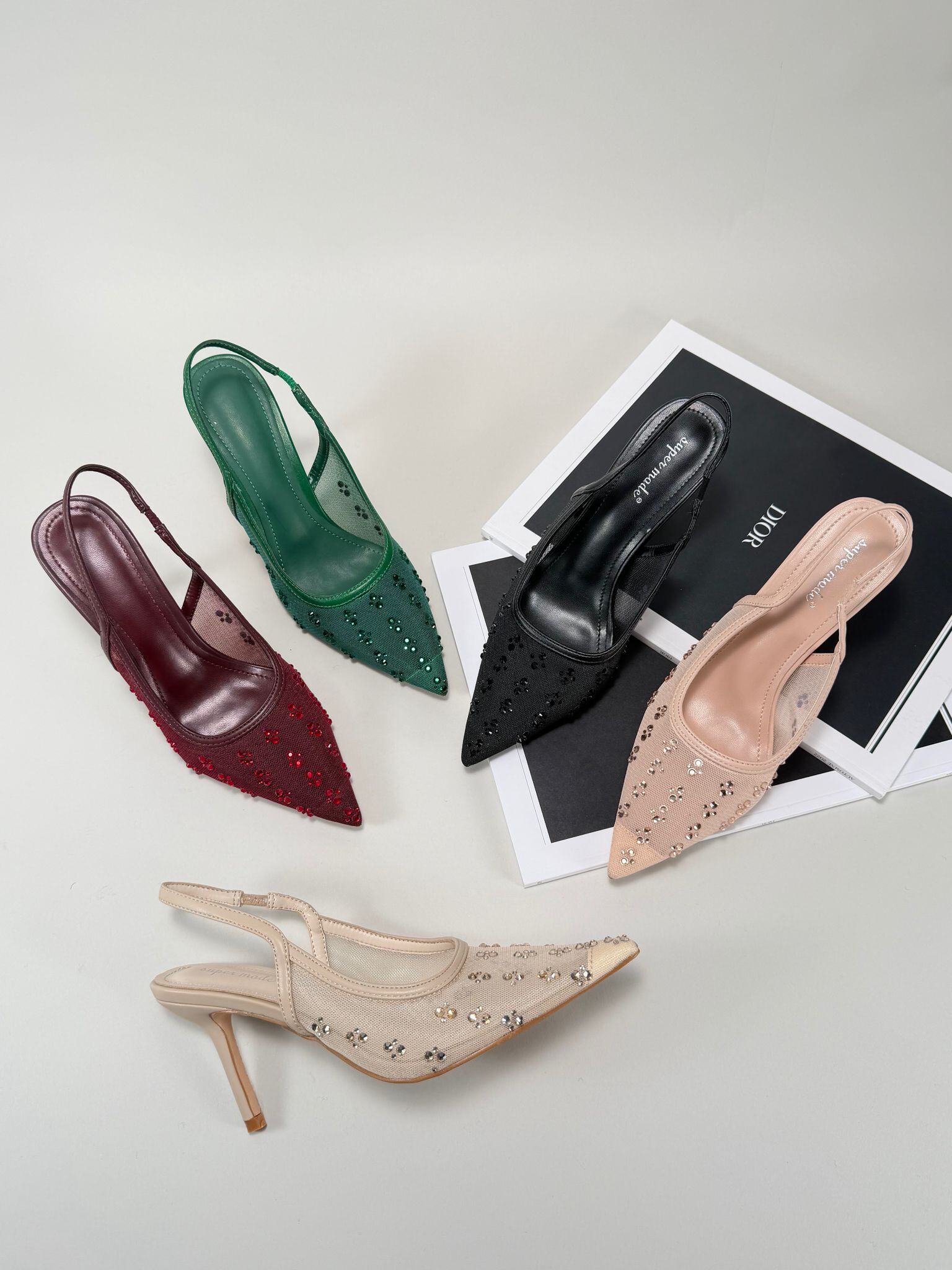Mayorista Super Mode | Belle Women - Zapatos de tacón de aguja slingback de malla con pedrería de diseño