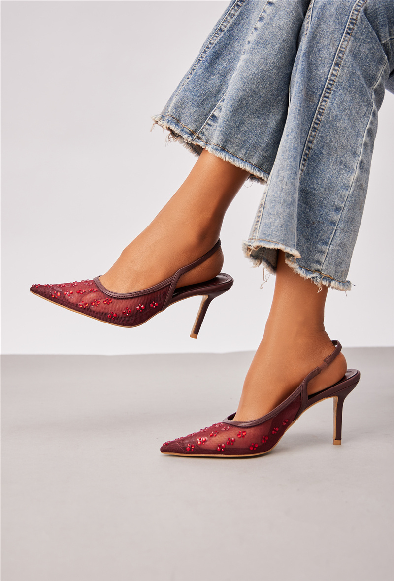 Mayorista Super Mode | Belle Women - Zapatos de tacón de aguja slingback de malla con pedrería de diseño
