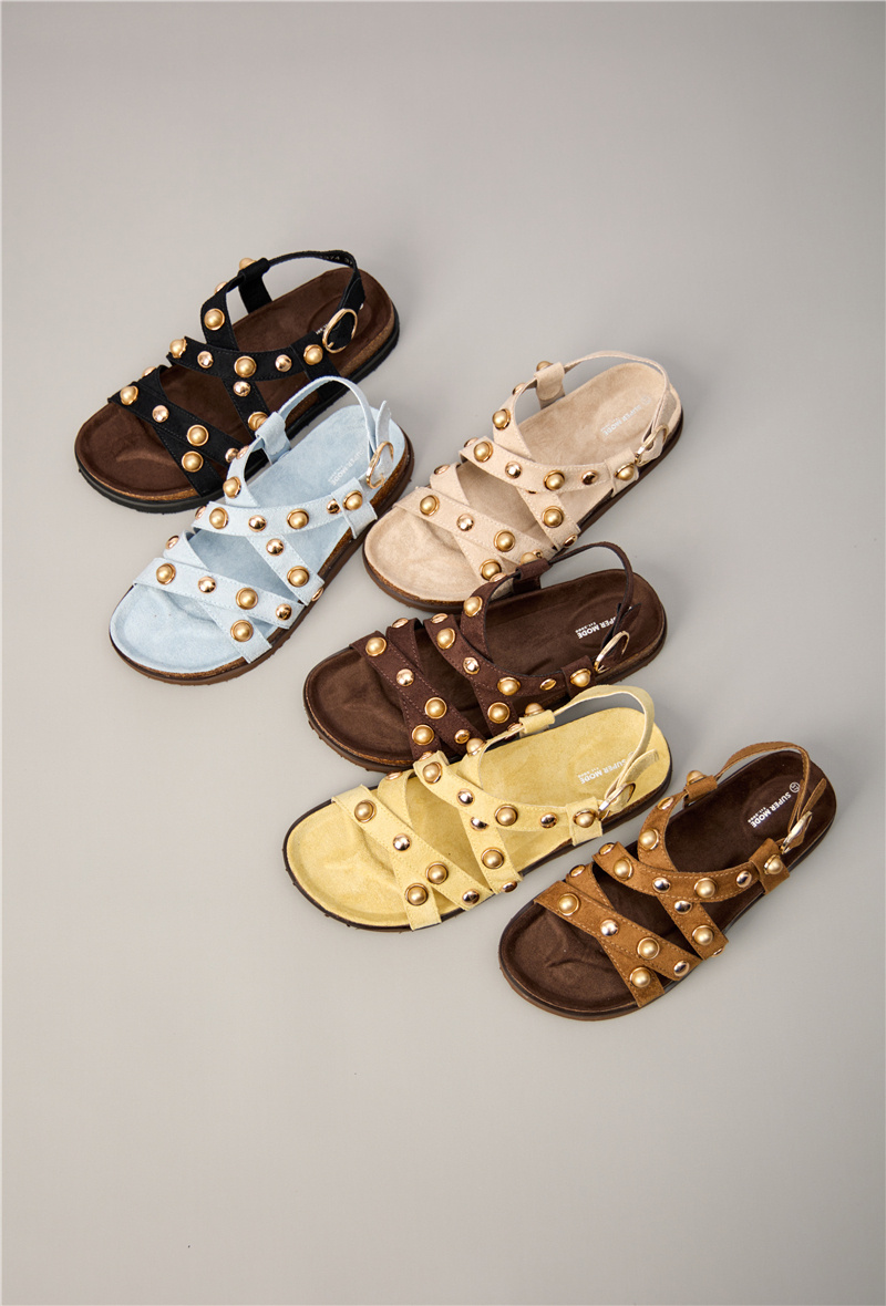 Wholesaler Super Mode | Belle Women - Suede sandals with studded cross straps, pearls, and cork-effect sole