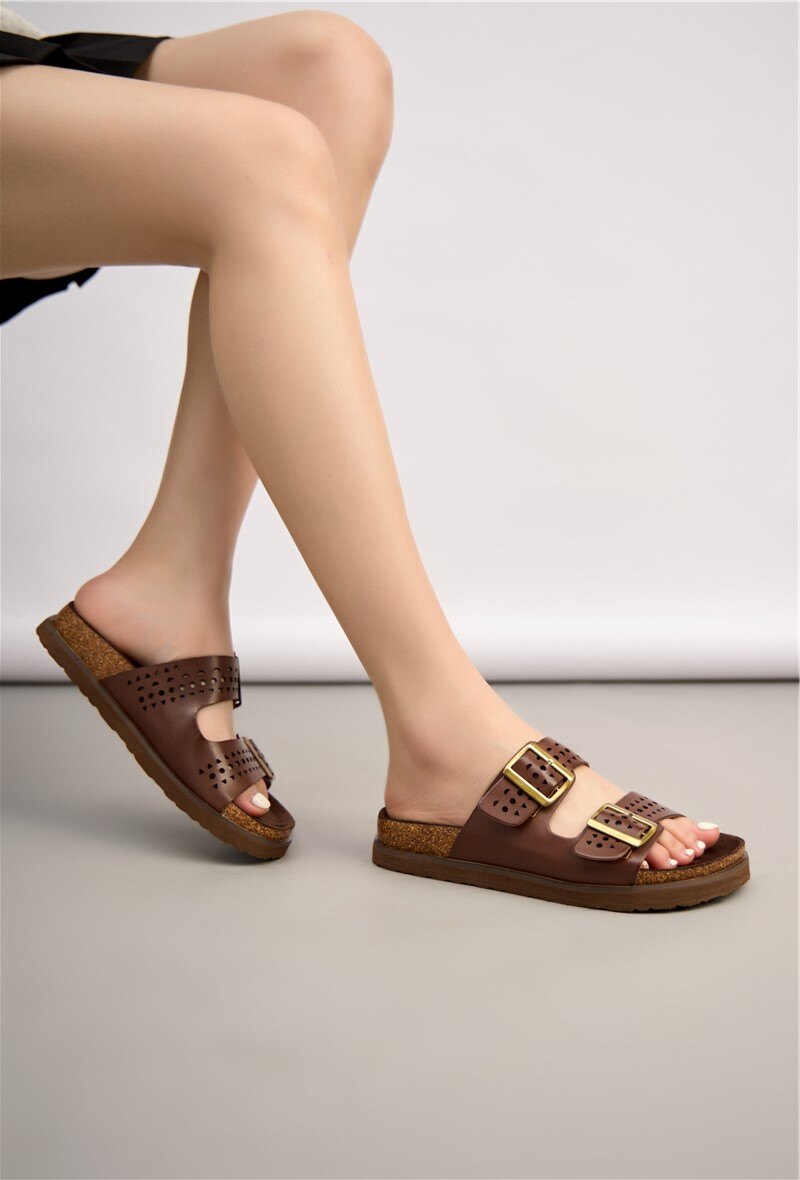 Wholesaler Super Mode | Belle Women - Double buckle perforated slides with cork-effect sole