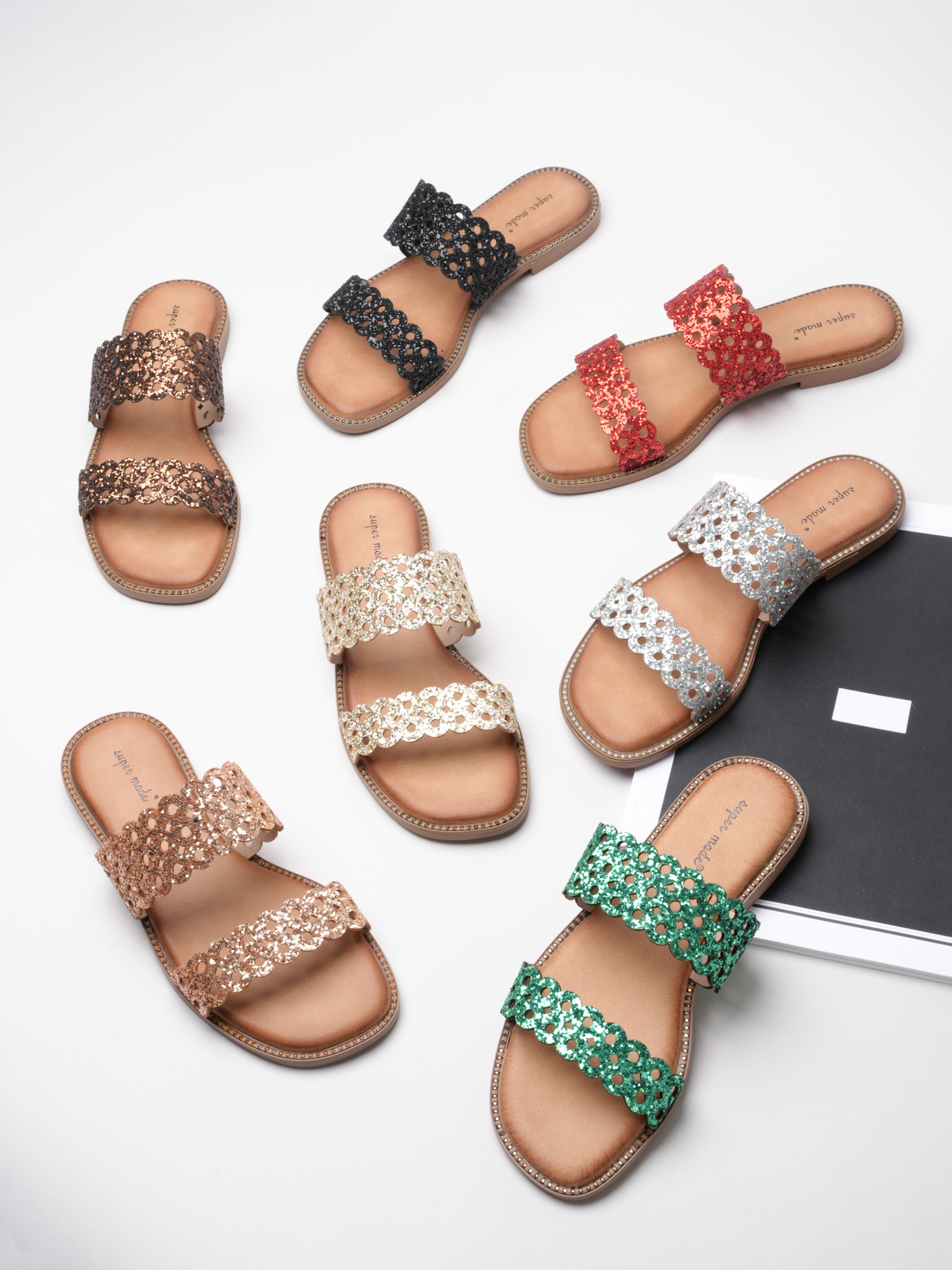 Mayorista Super Mode | Belle Women - Sandalias de doble tira con purpurina calada y acabado festoneado