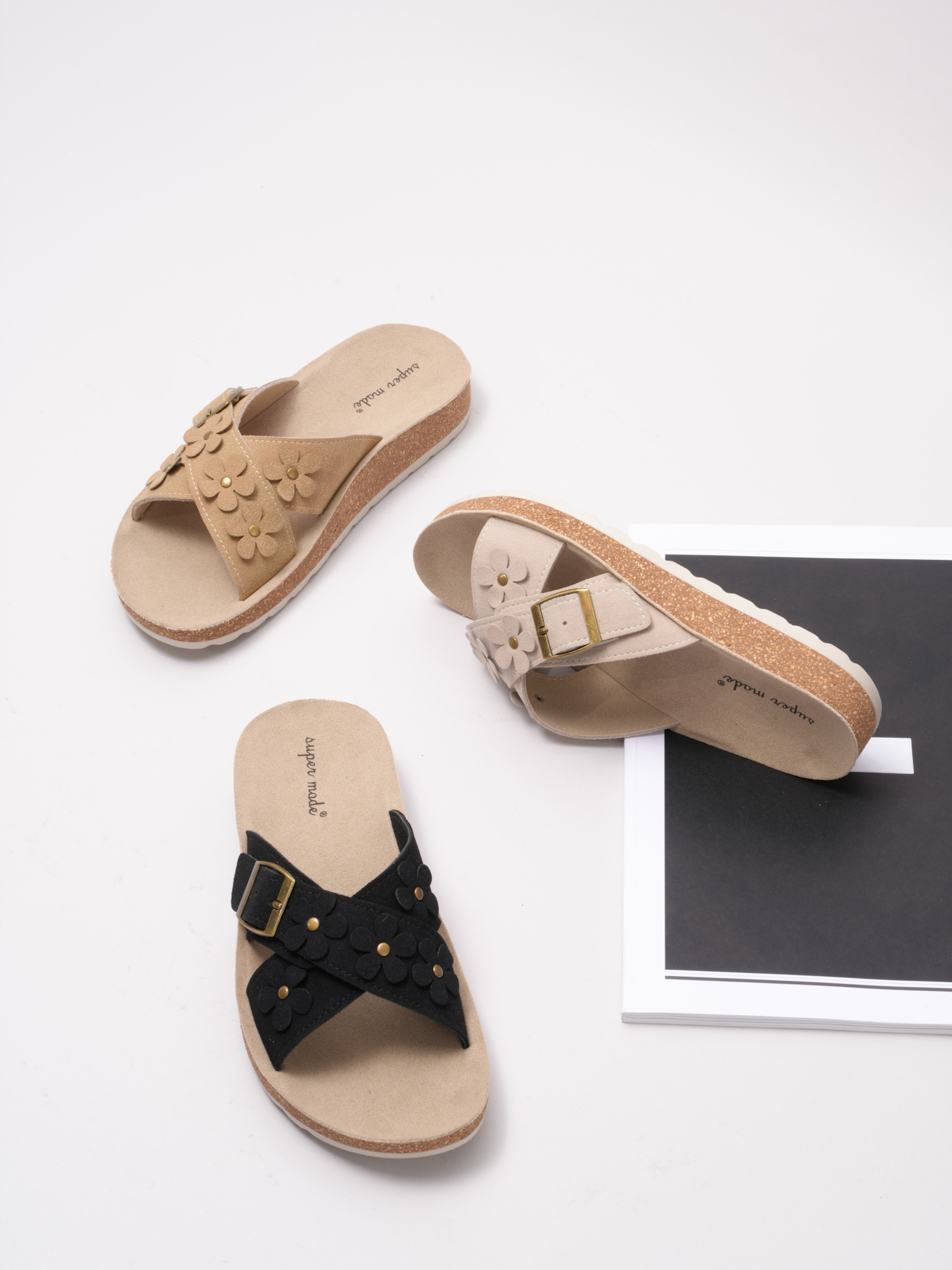 Wholesaler Super Mode | Belle Women - Nubuck slides with a floral-decorated cross strap and cork-effect sole