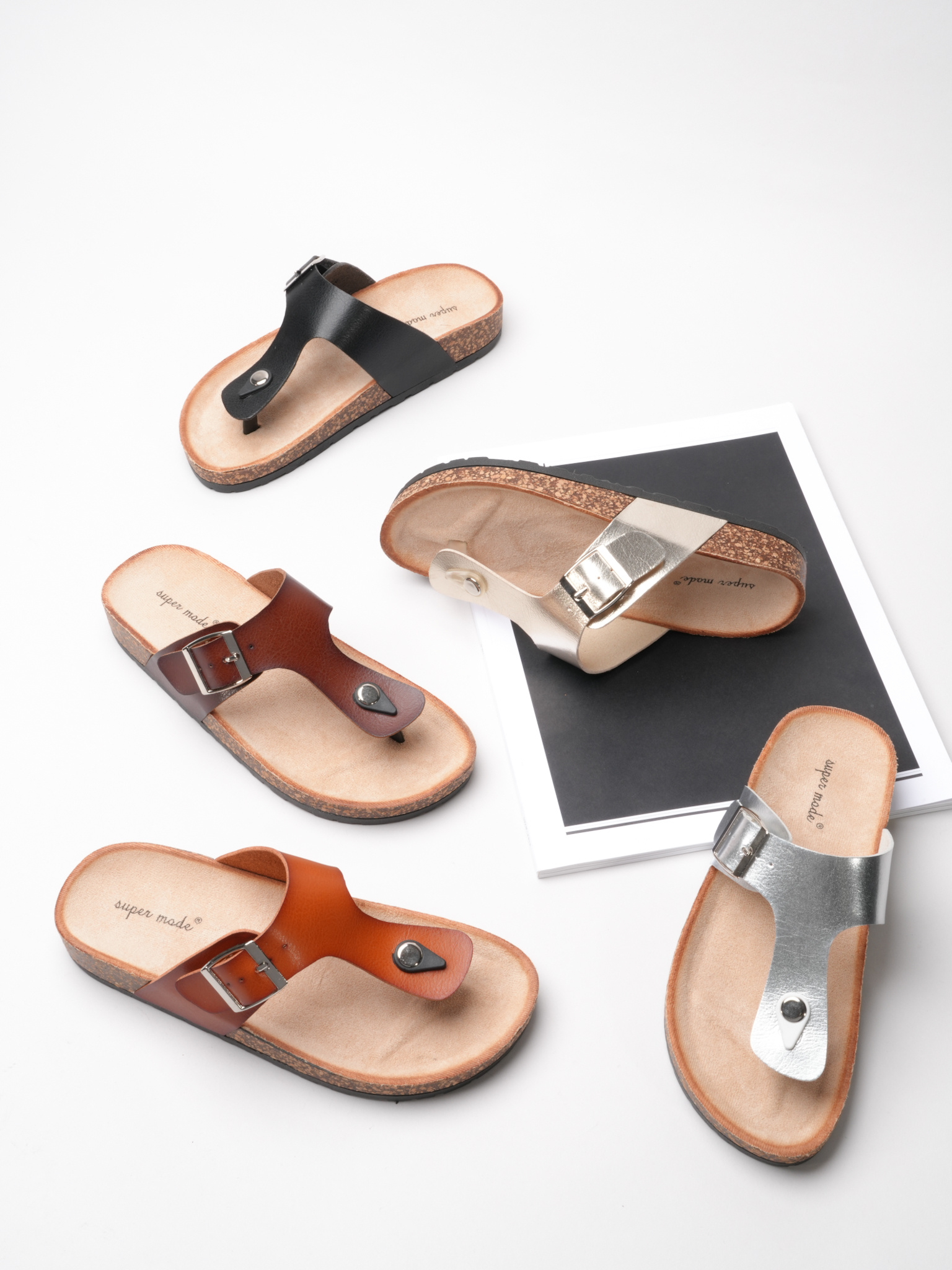 Mayorista Super Mode | Belle Women - Chanclas de cuero sintético con correa de hebilla y suela efecto corcho