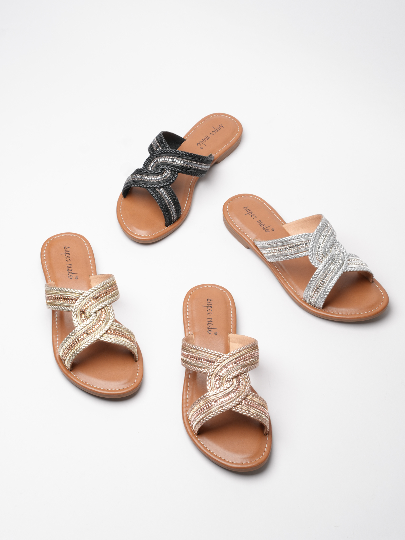 Wholesaler Super Mode | Belle Women - Slides with braided strap embellished with rhinestones