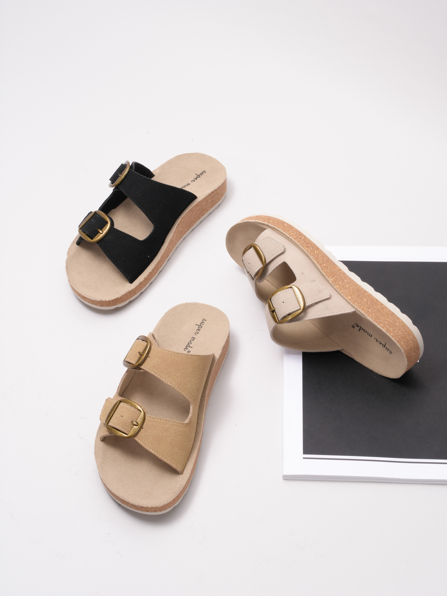Wholesaler Super Mode | Belle Women - Nubuck slides with double buckle and cork-effect sole