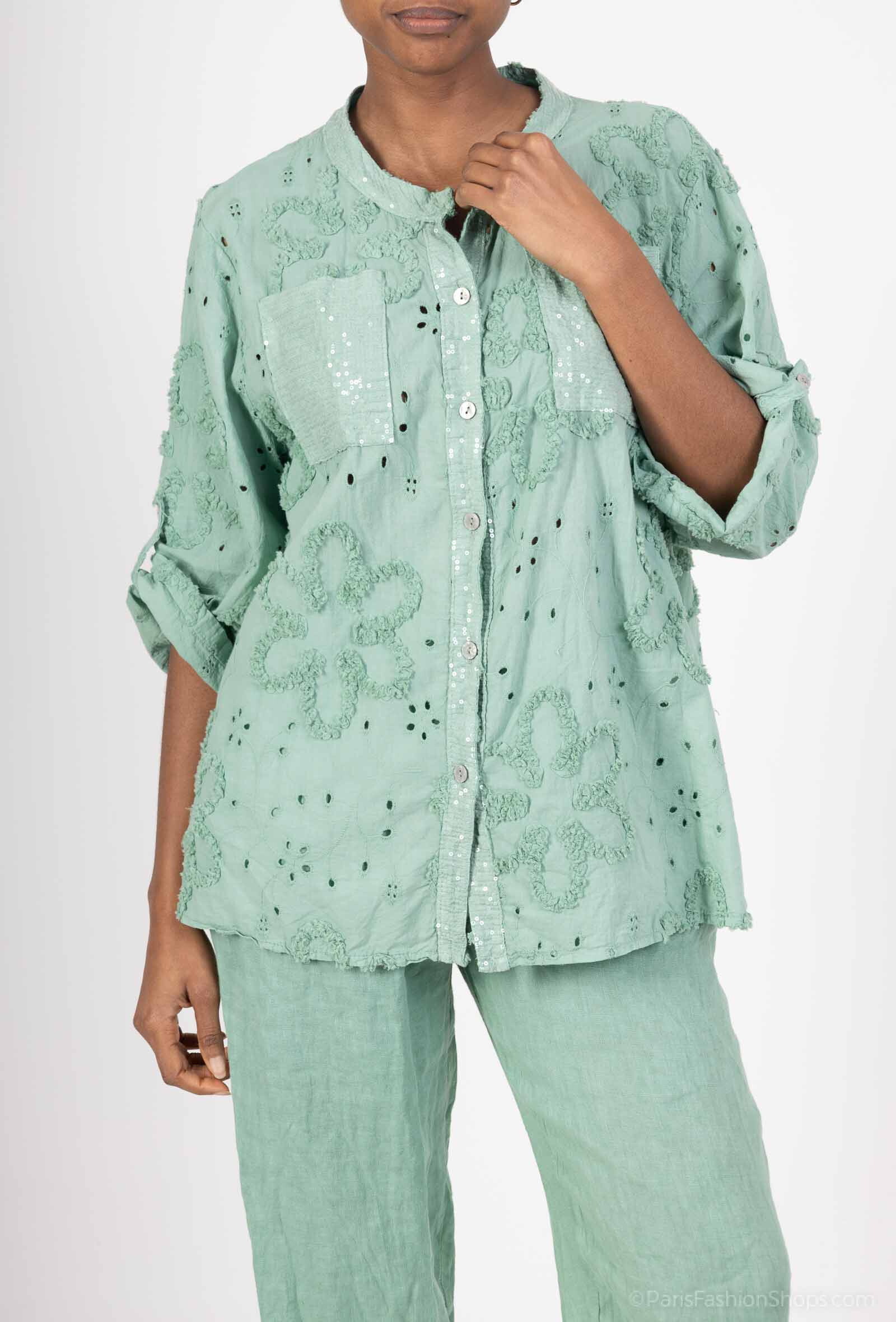 Wholesaler Superbelle - BORDEAU SHIRT WITH SEQUINS MAO COLLAR, 3/4 SLEEVES AND TWO FRONT POCKETS