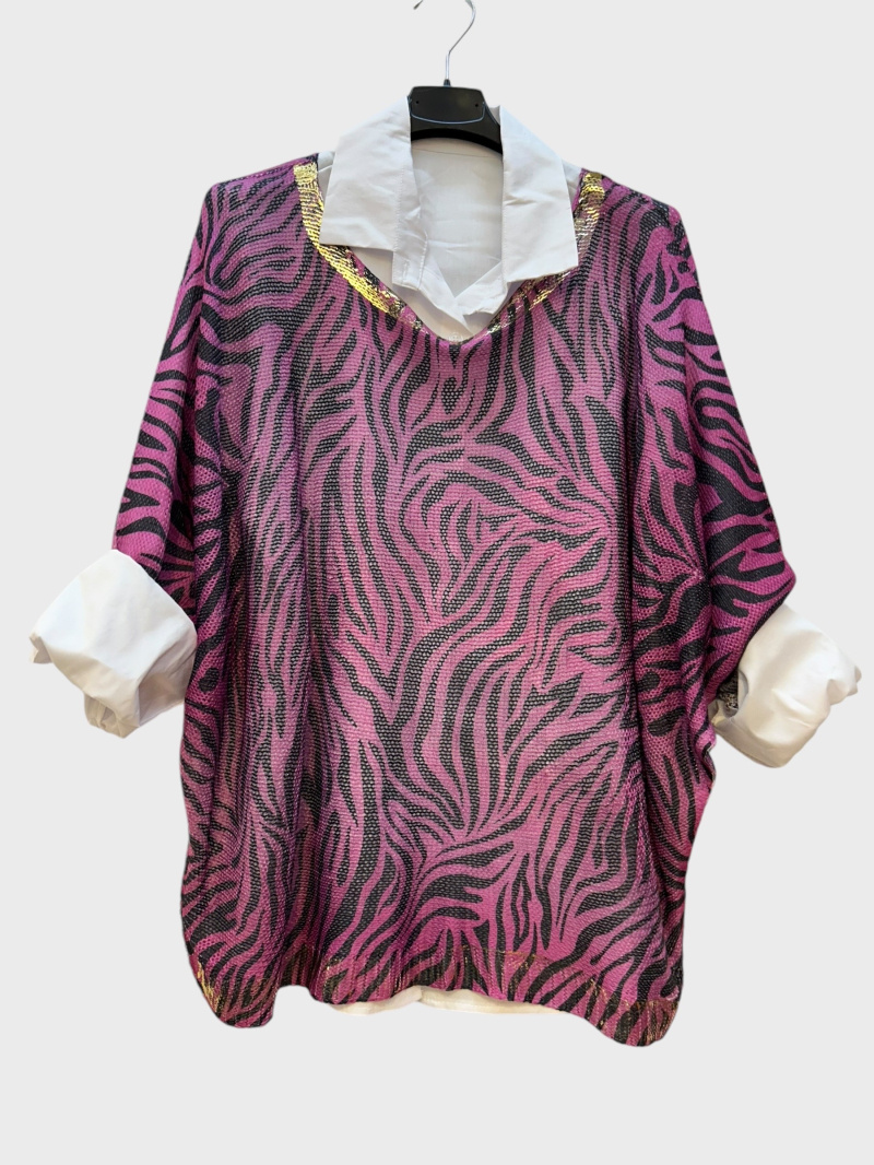 Wholesaler Superbelle - OVERSIZED GLITTERED ZEBRA PATTERN SWEATER WITH SHIRT