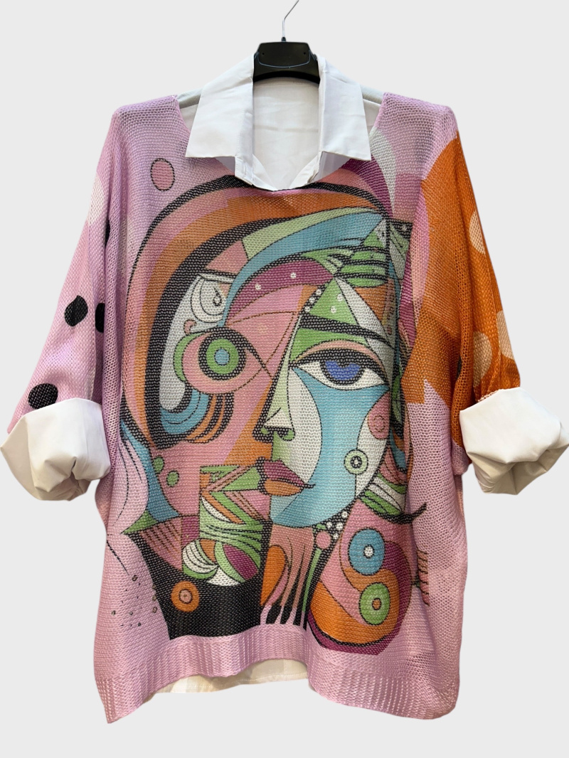Wholesaler Superbelle - OVERSIZE PRINT SWEATER WITH LONG-SLEEVED 100% COTTON SHIRT,