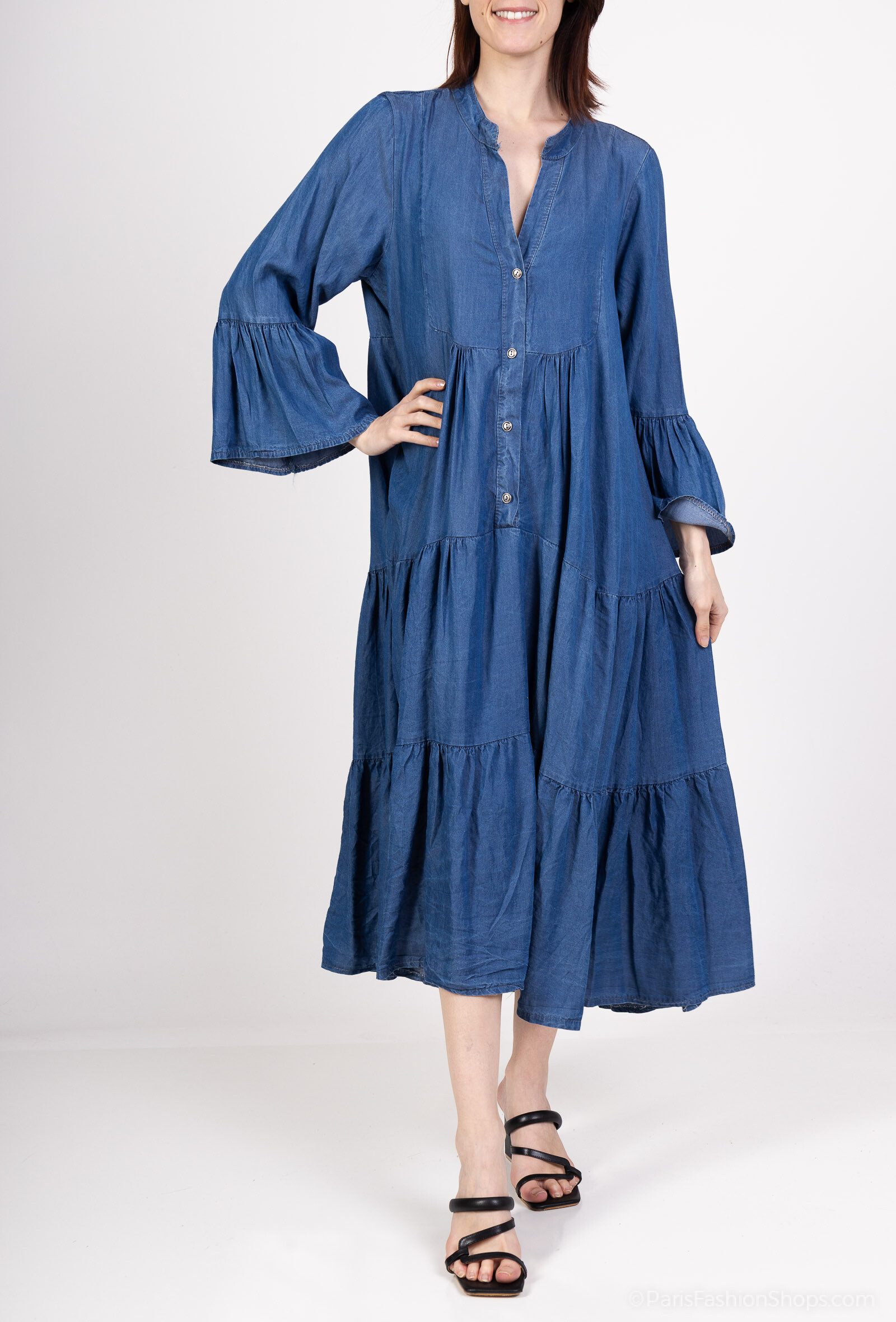 Wholesaler Superbelle - Mid-long tencell dress, 3 ⁄ 4 puffing sleeves, Mao collar
