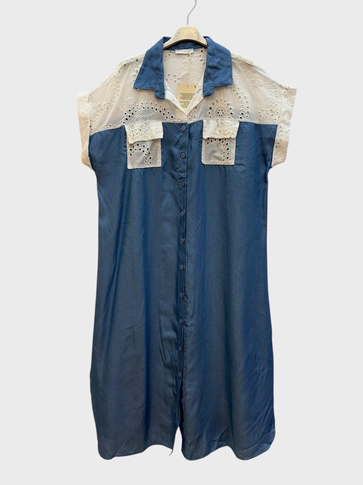 Wholesaler Superbelle - Shirt dress with English embroidery and two short sleeves pockets