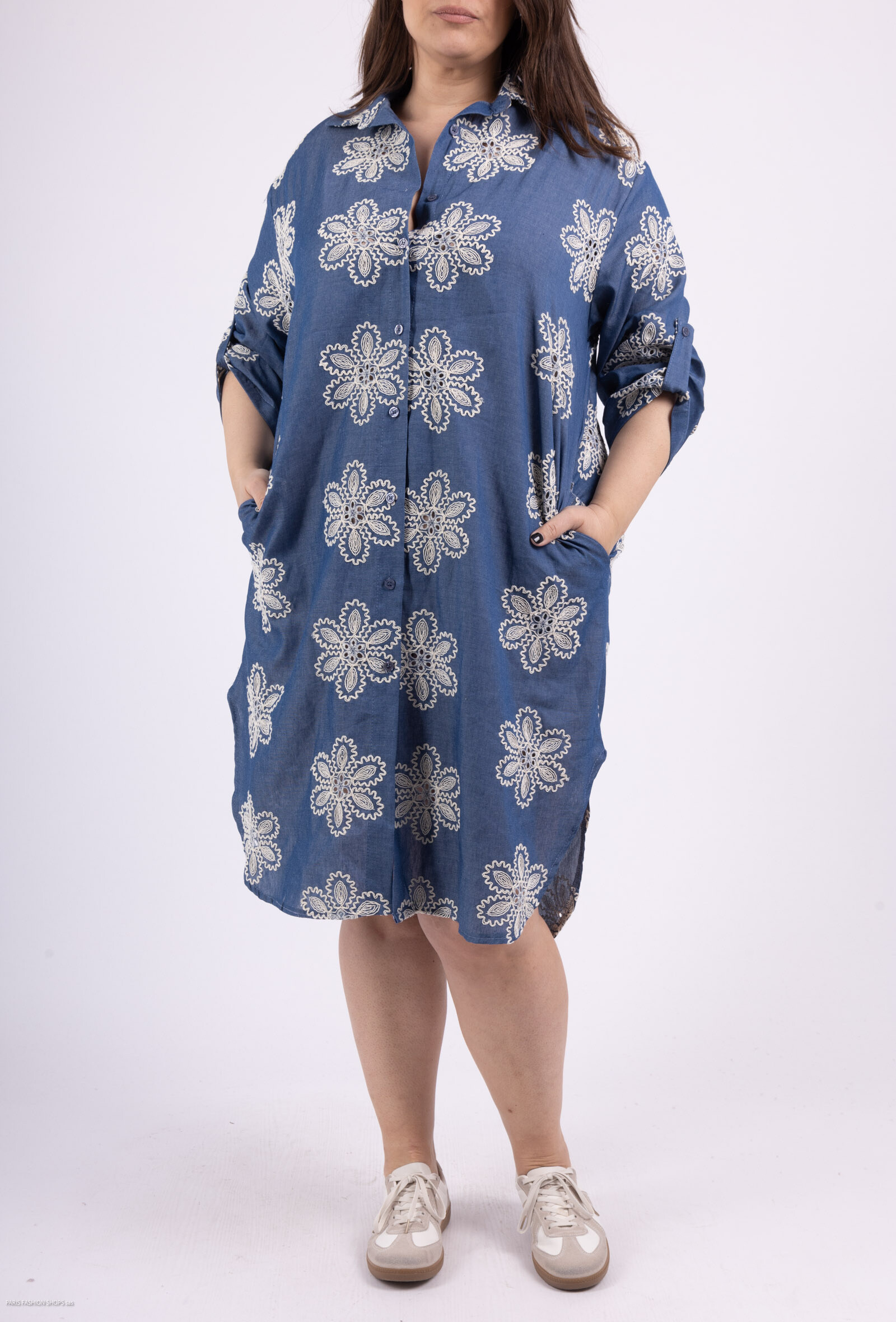 Wholesaler Superbelle - MID-LENGTH BORDER SHIRT DRESS WITH 3/4 SLEEVE AND TWO INVISIBLE POCKETS