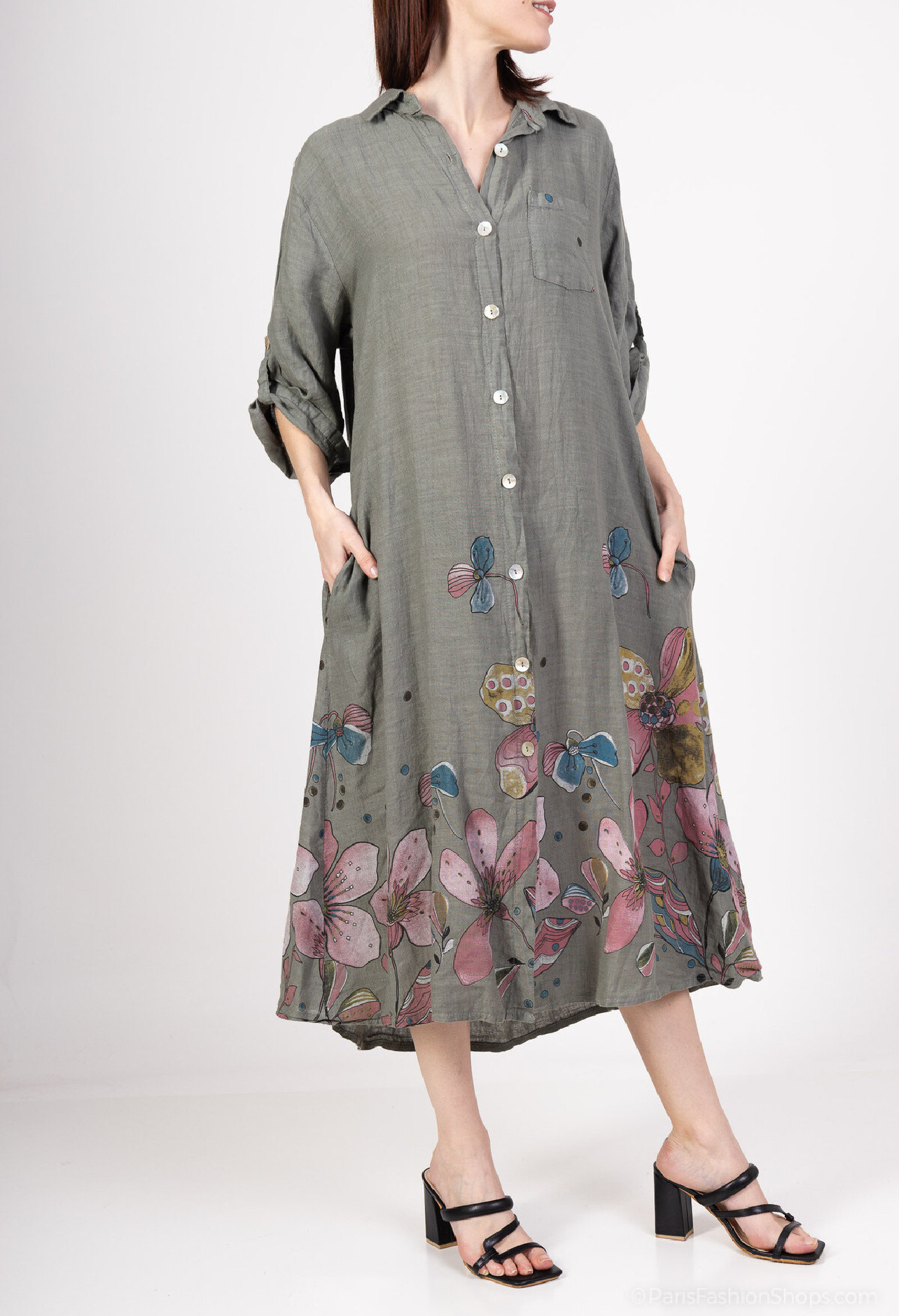 Mayorista Superbelle - Vestido de camisa larga de gran tamaño 3/4 mangas dos bolsillos invisibles.