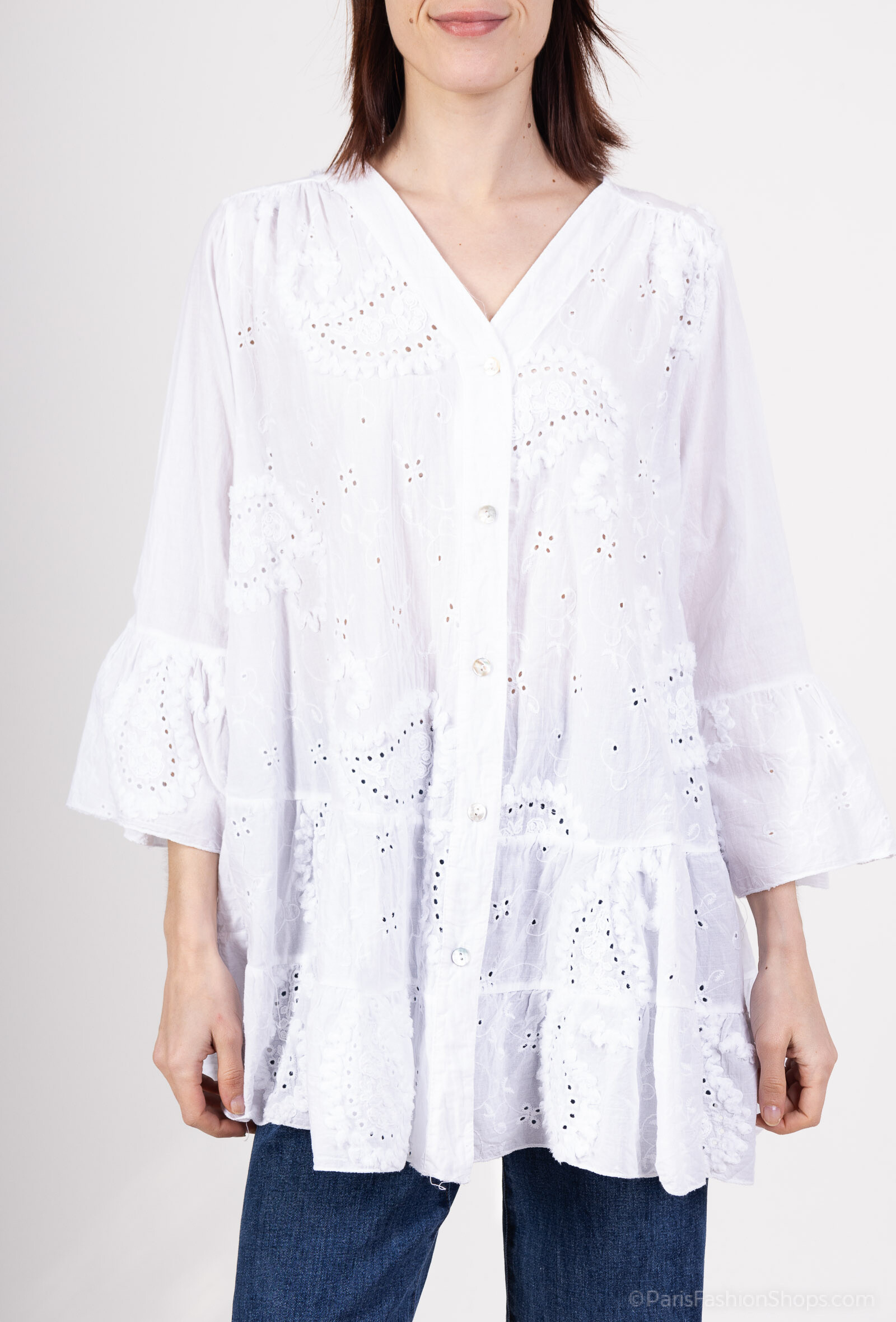 Wholesaler Superbelle - BORDER OVERSIZED OPEN V-NECK TUNIC TOP 3/4 SLEEVE