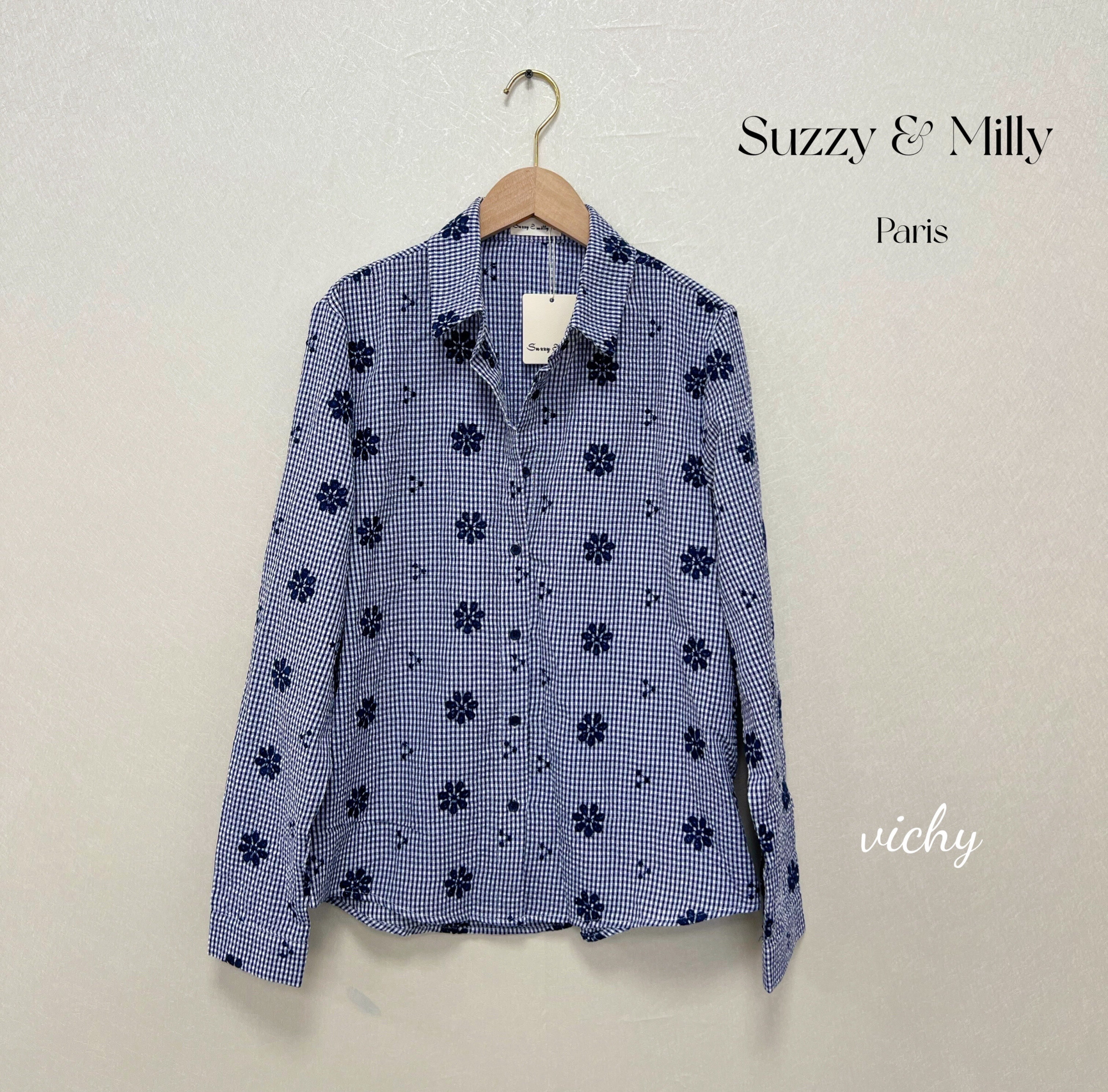 Grossiste Suzzy & Milly - chemise coton Vichy blue , brodé