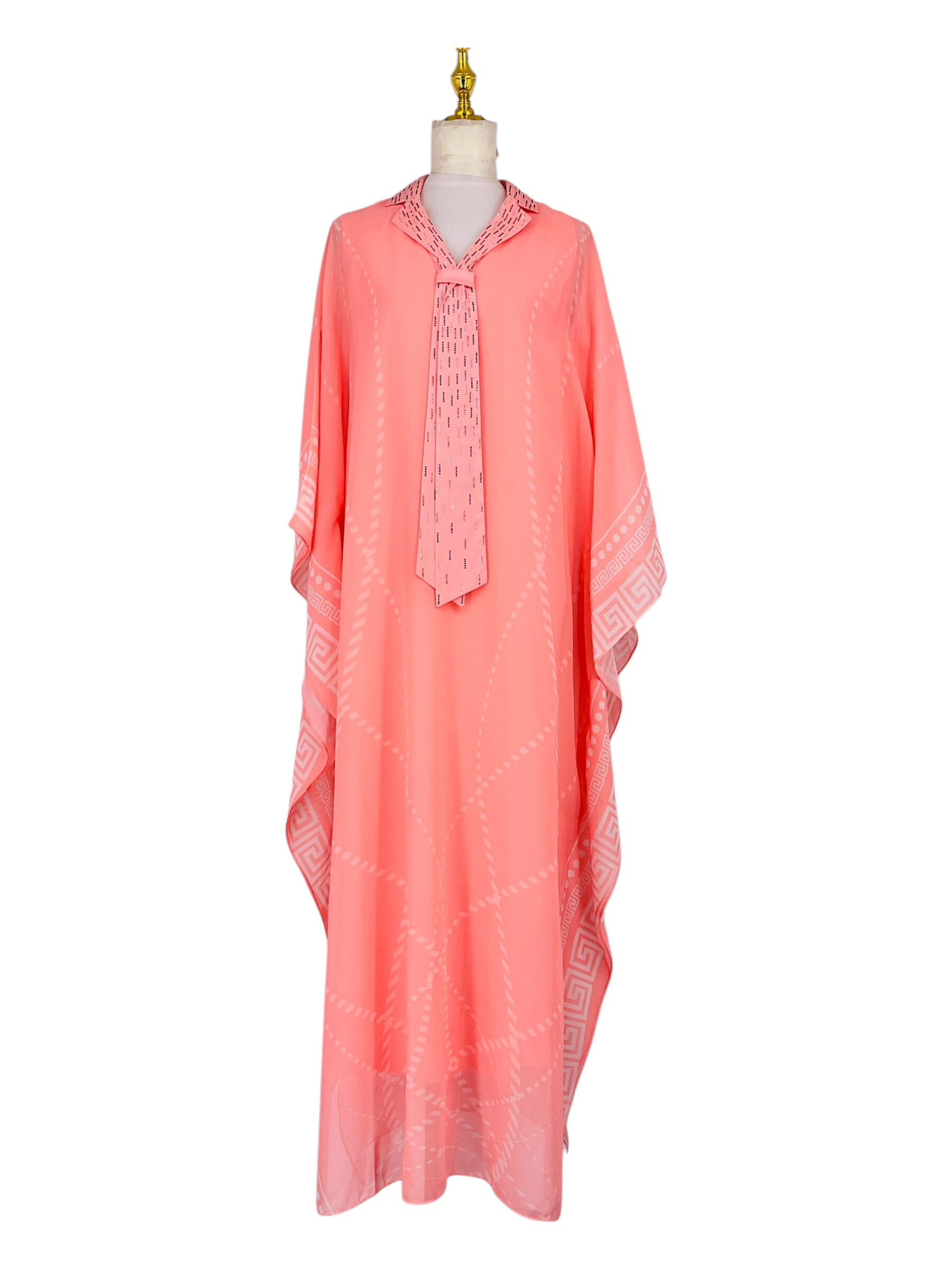 Wholesaler Sweet Miss - ABAYA MOUSSELINE Ample and long rhinestones at the collar with tie and abstract pattern